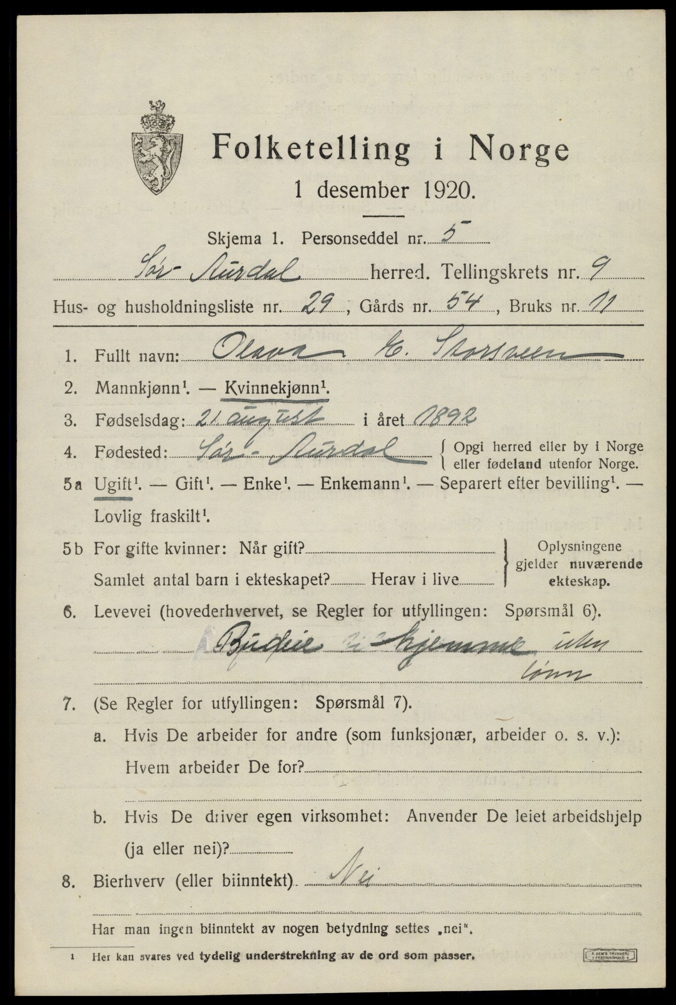 SAH, 1920 census for Sør-Aurdal, 1920, p. 5475