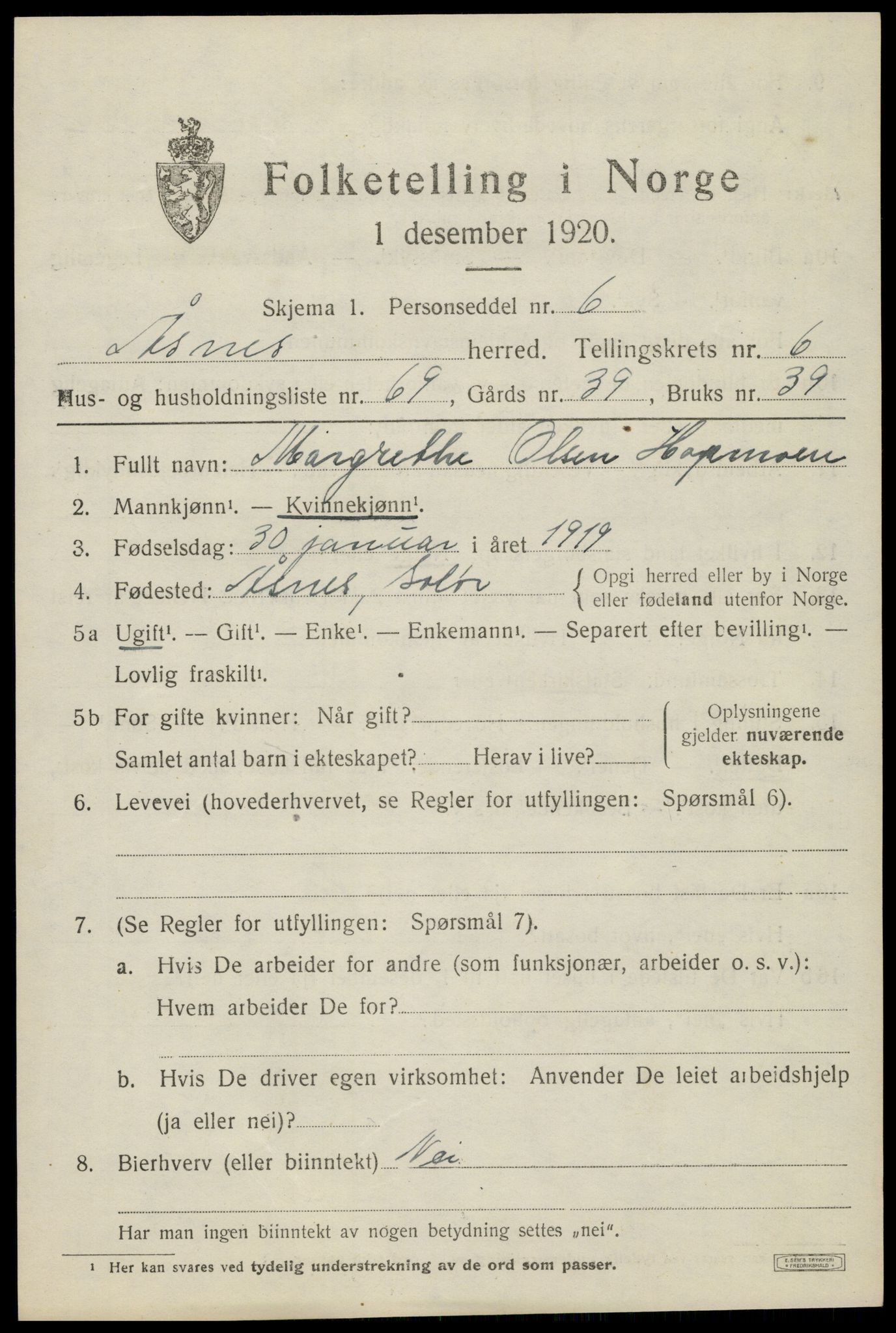 SAH, 1920 census for Åsnes, 1920, p. 8534