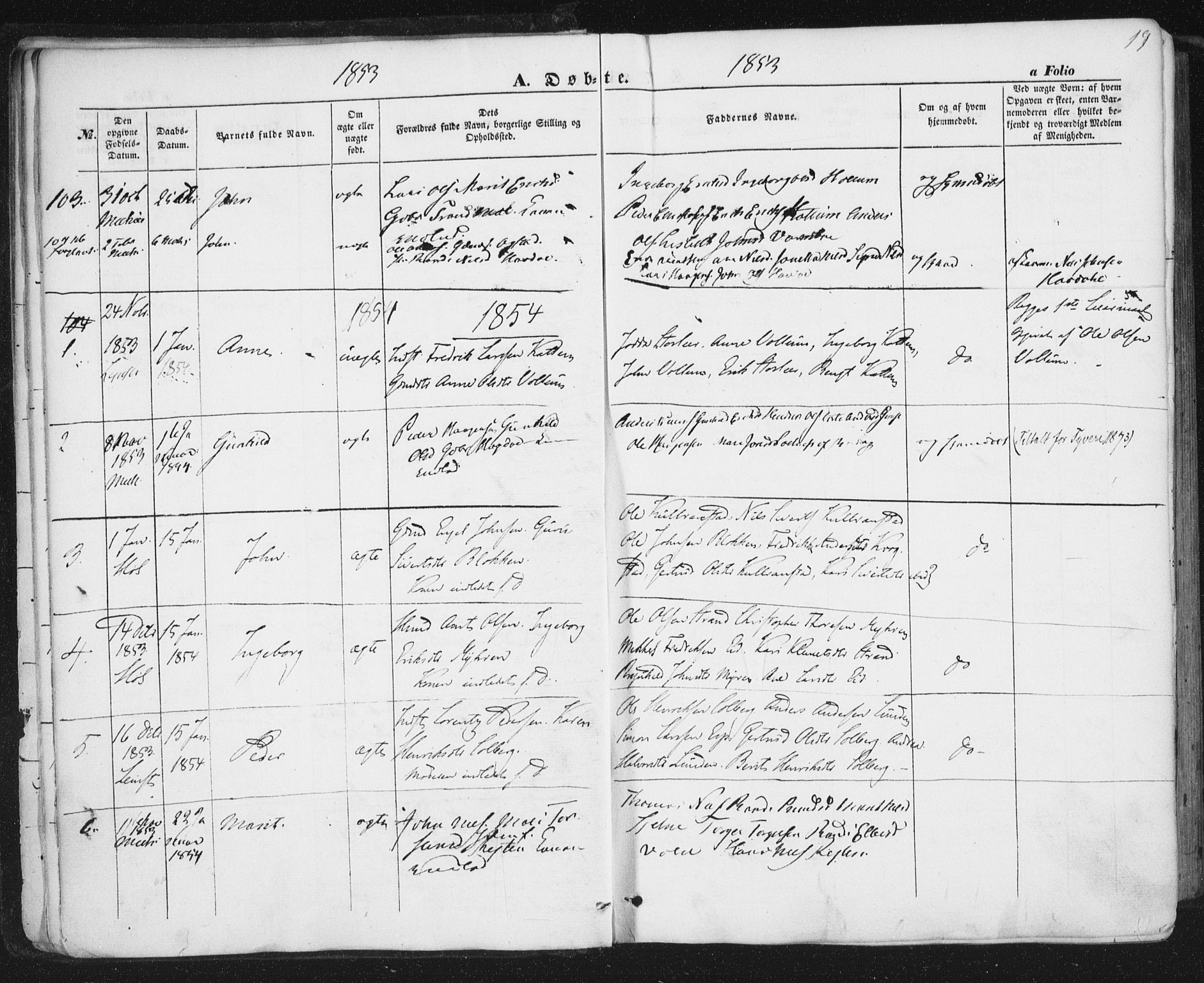 Ministerialprotokoller, klokkerbøker og fødselsregistre - Sør-Trøndelag, SAT/A-1456/691/L1076: Parish register (official) no. 691A08, 1852-1861, p. 19