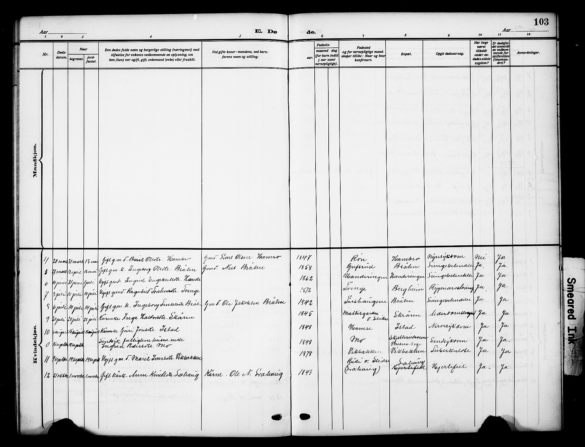 Vestre Slidre prestekontor, SAH/PREST-136/H/Ha/Hab/L0007: Parish register (copy) no. 7, 1909-1930, p. 103