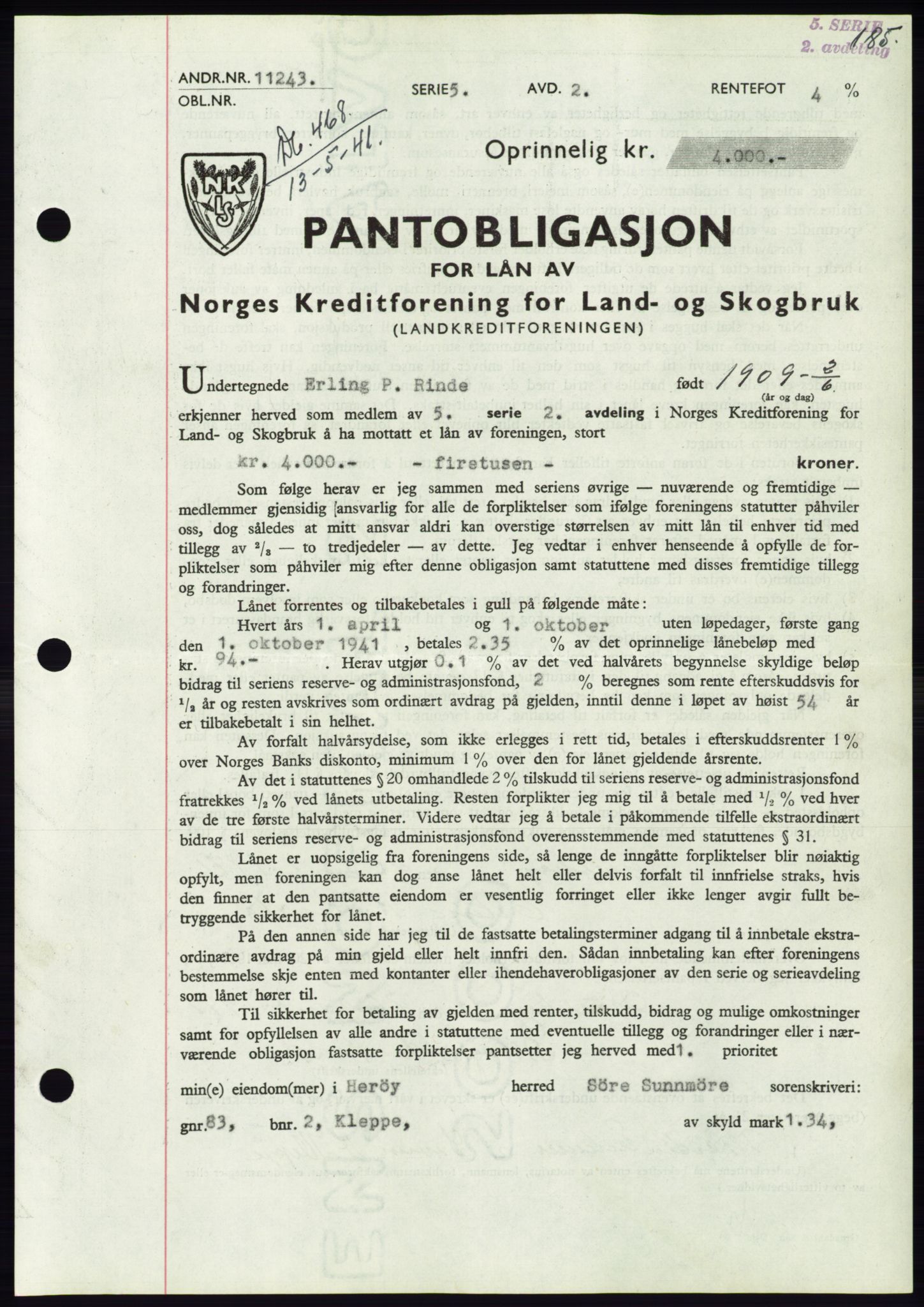 Søre Sunnmøre sorenskriveri, AV/SAT-A-4122/1/2/2C/L0071: Mortgage book no. 65, 1941-1941, Diary no: : 468/1941