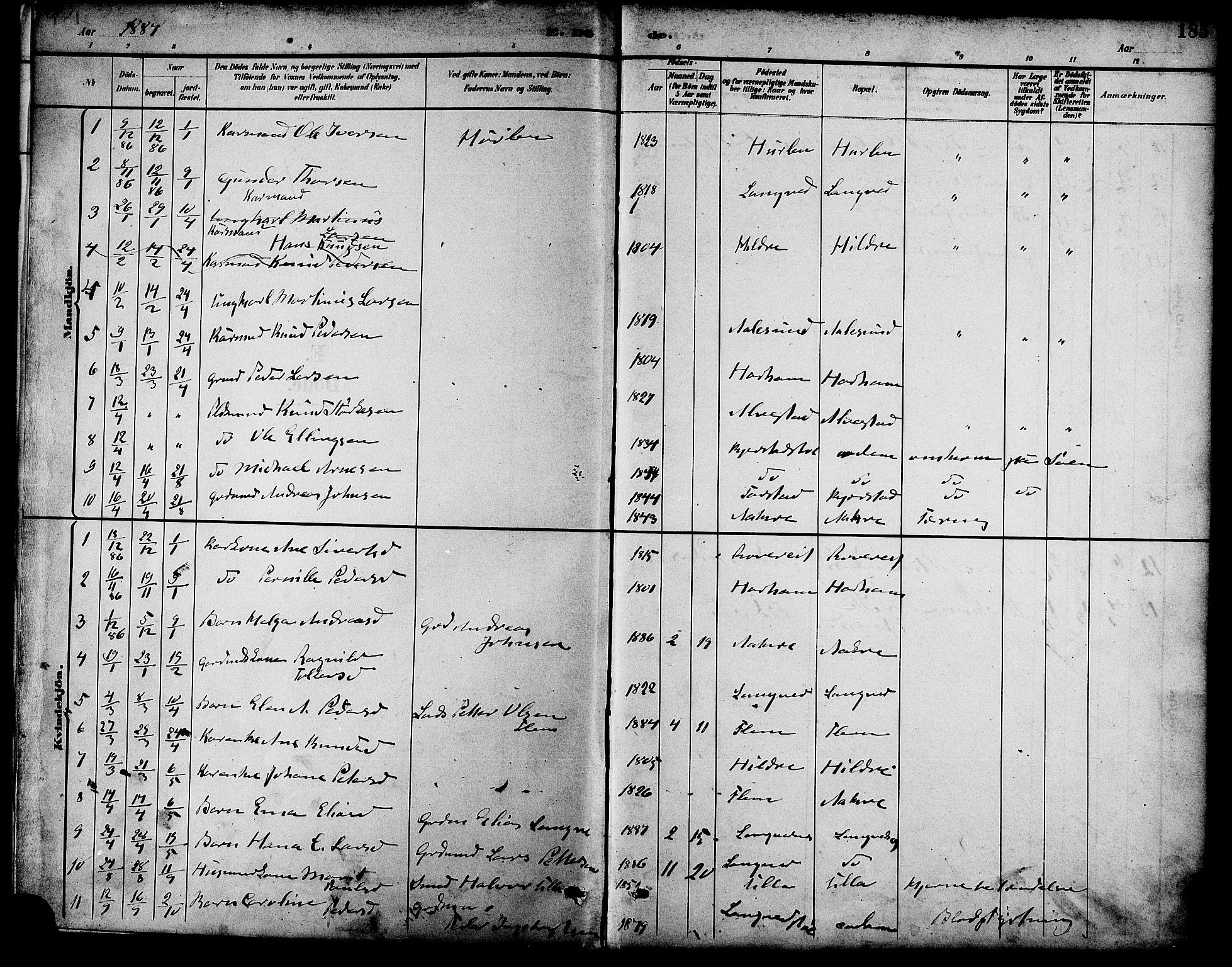 Ministerialprotokoller, klokkerbøker og fødselsregistre - Møre og Romsdal, AV/SAT-A-1454/536/L0501: Parish register (official) no. 536A10, 1884-1896, p. 185