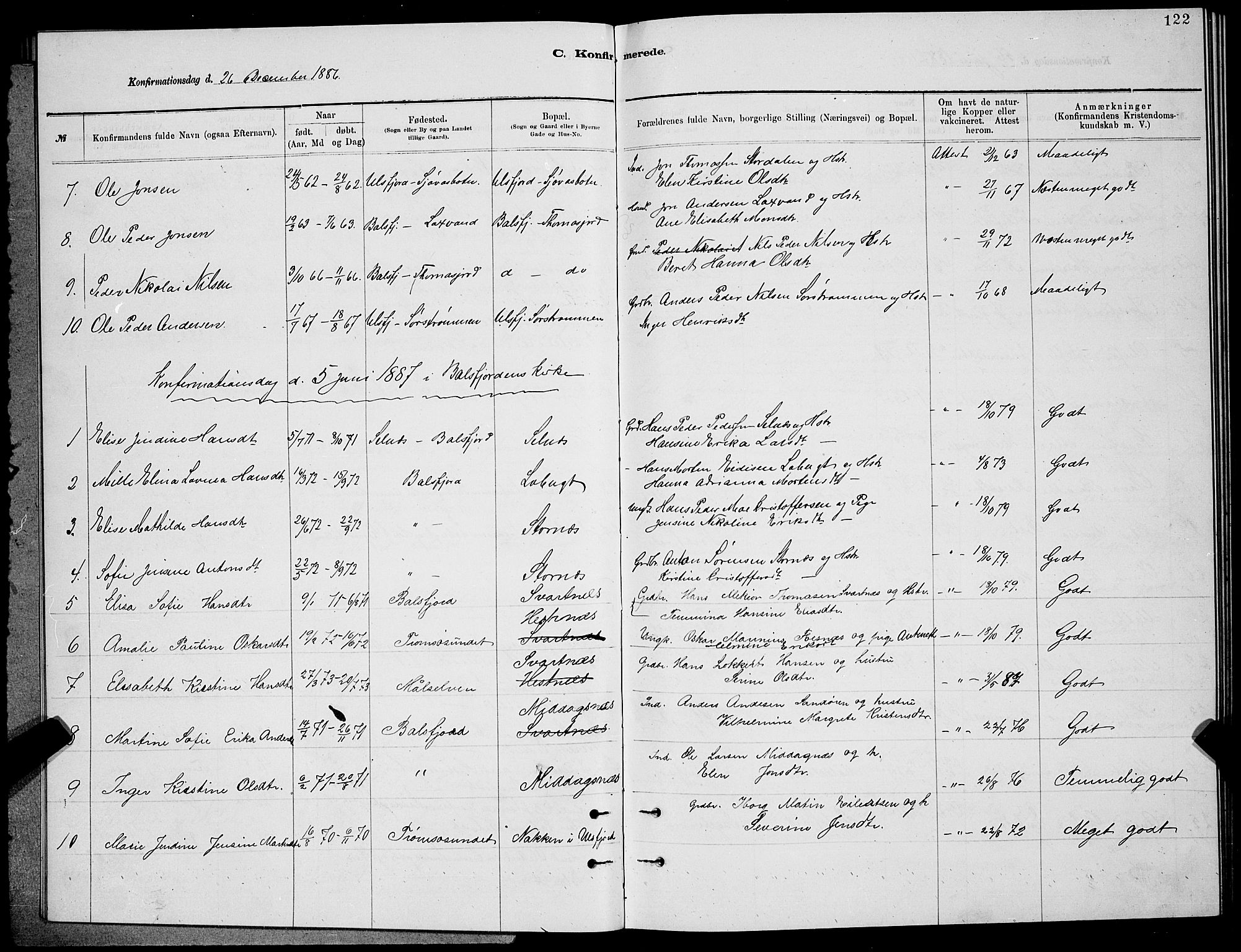 Balsfjord sokneprestembete, SATØ/S-1303/G/Ga/L0007klokker: Parish register (copy) no. 7, 1878-1889, p. 122