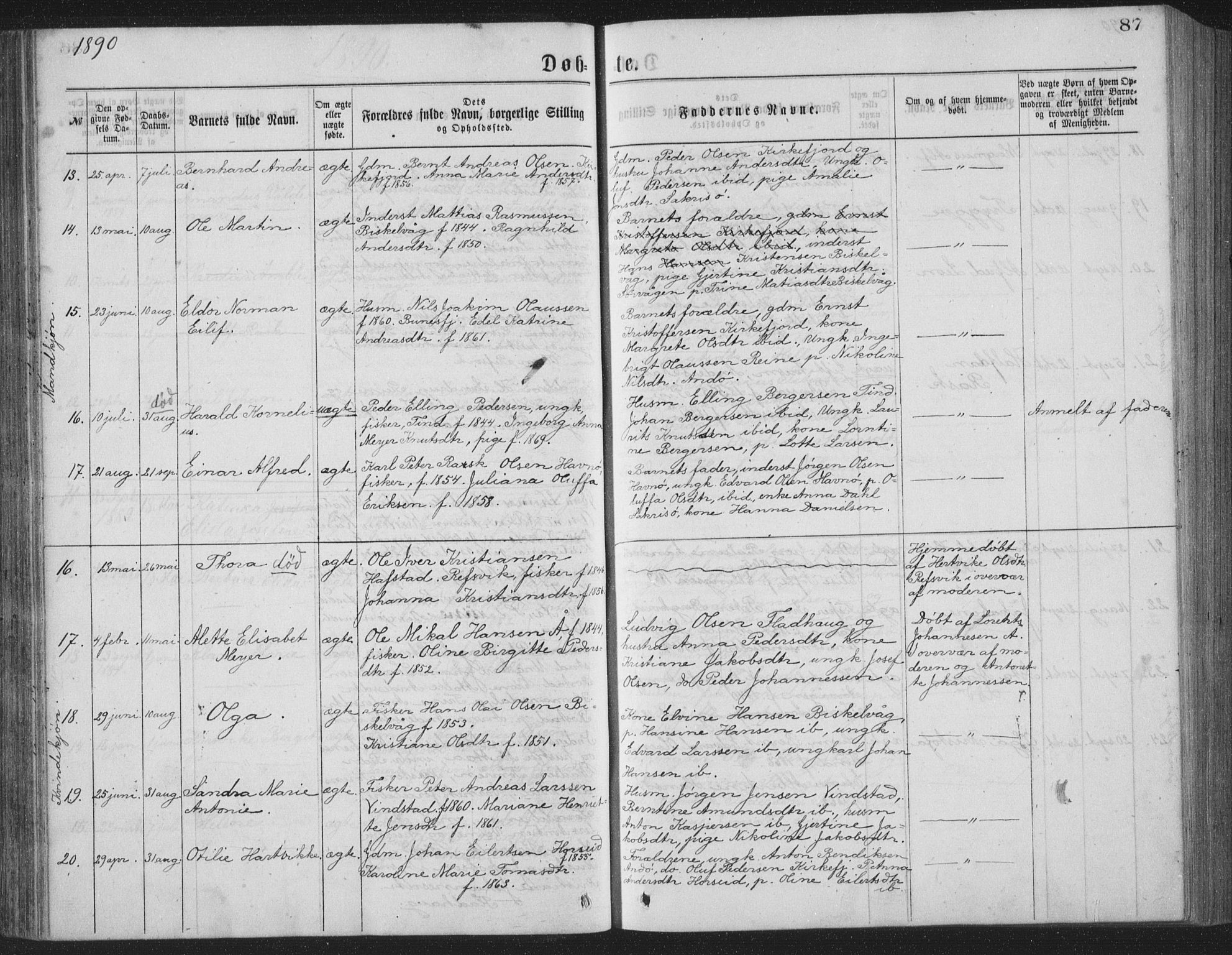 Ministerialprotokoller, klokkerbøker og fødselsregistre - Nordland, AV/SAT-A-1459/886/L1225: Parish register (copy) no. 886C02, 1874-1896, p. 87