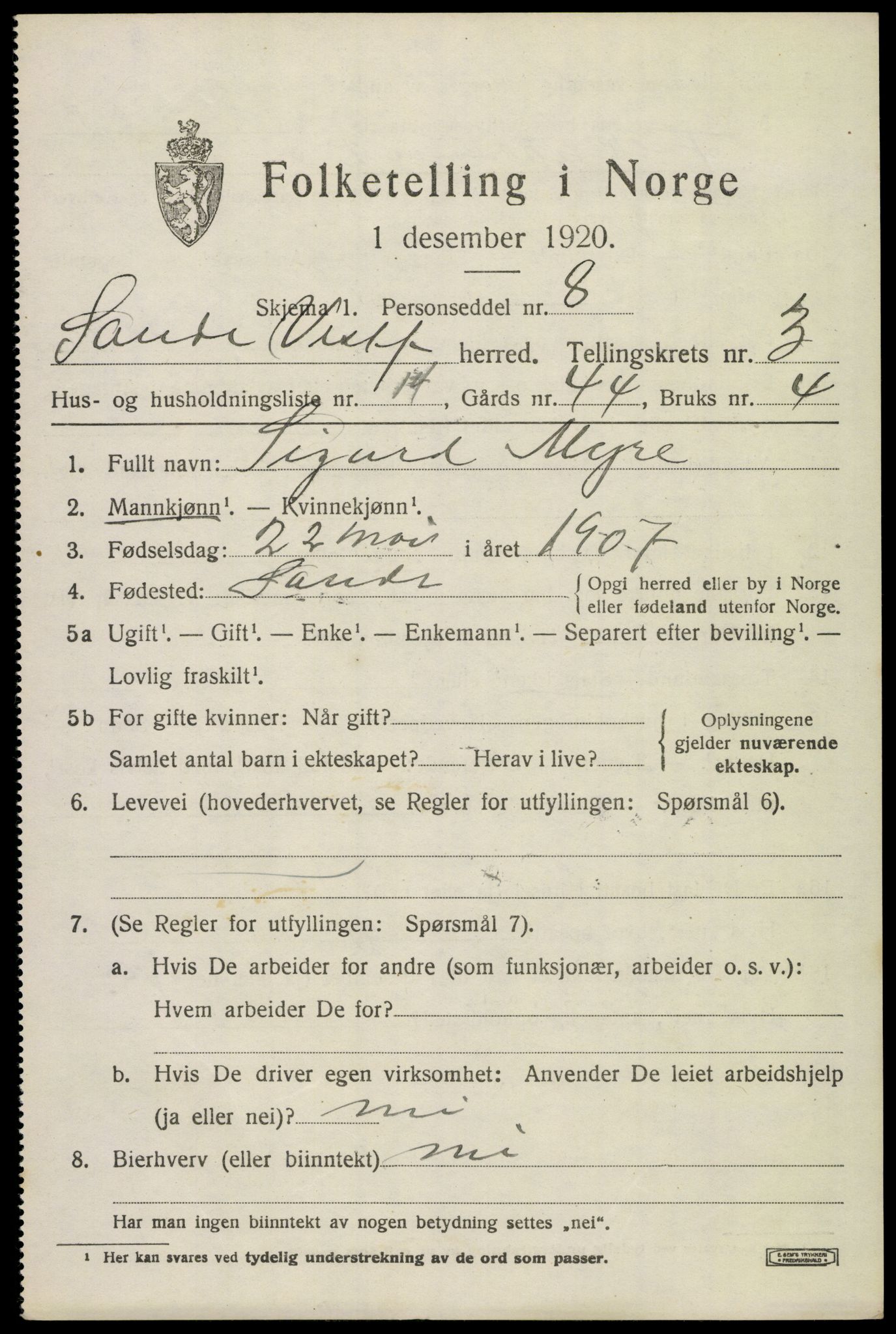 SAKO, 1920 census for Sande, 1920, p. 4244