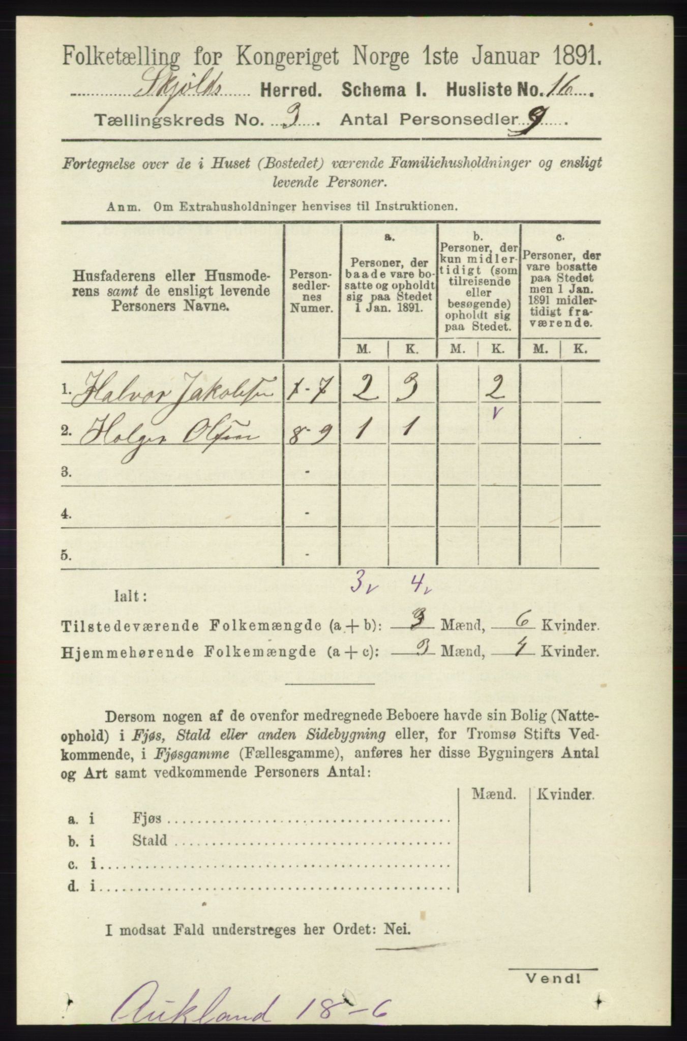 RA, 1891 census for 1154 Skjold, 1891, p. 374