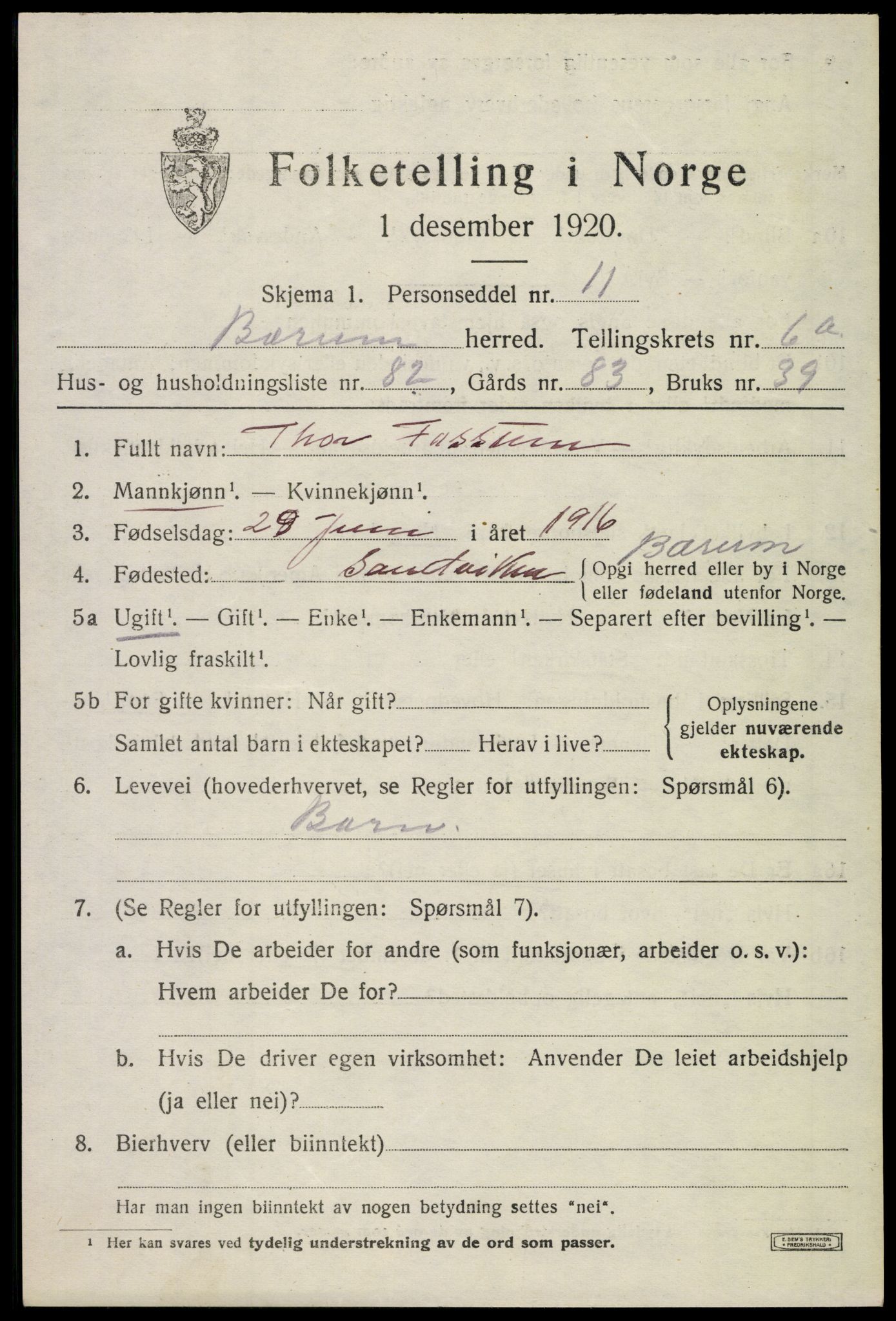 SAO, 1920 census for Bærum, 1920, p. 13982