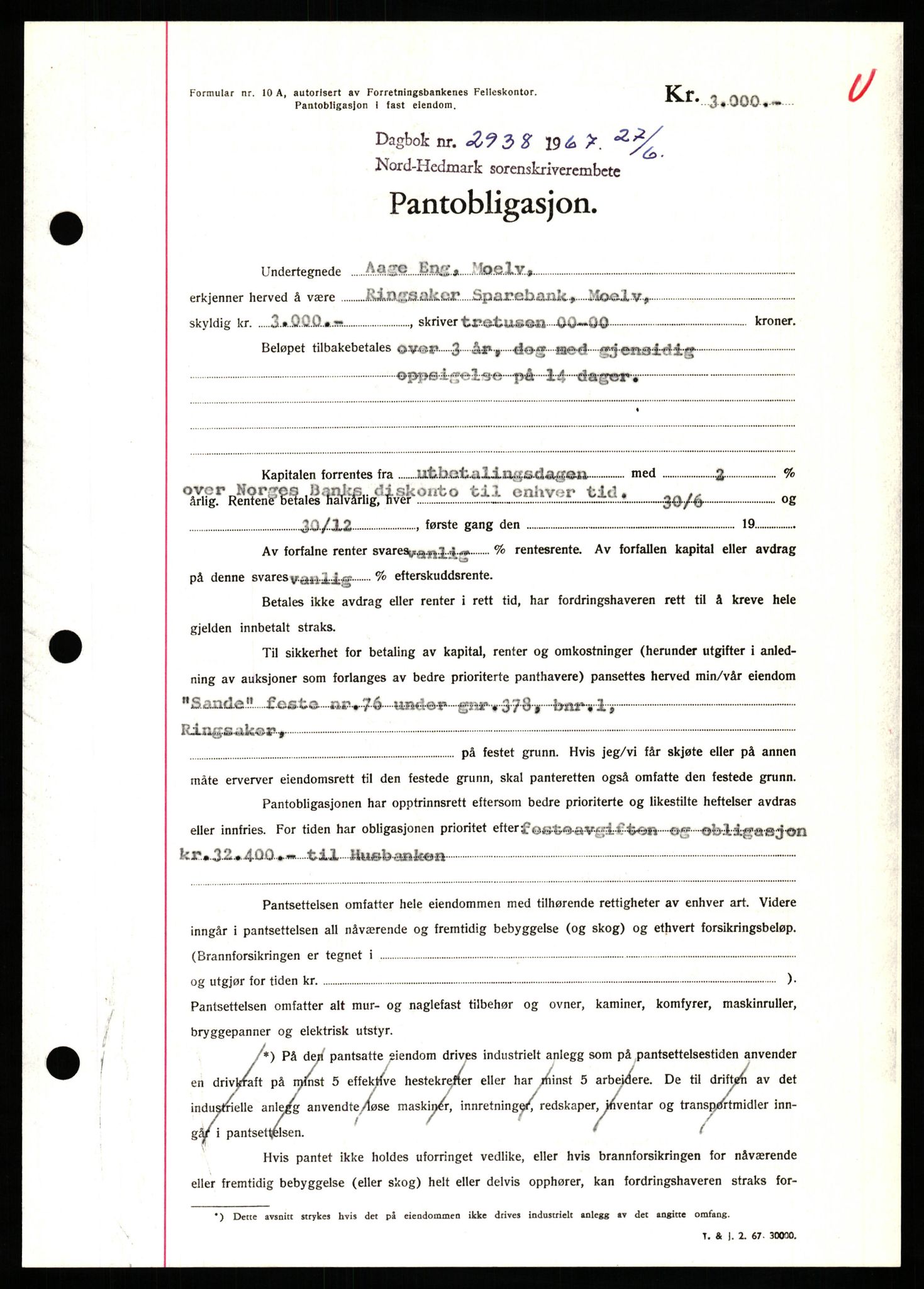 Nord-Hedmark sorenskriveri, SAH/TING-012/H/Hb/Hbf/L0071: Mortgage book no. B71, 1967-1967, Diary no: : 2938/1967