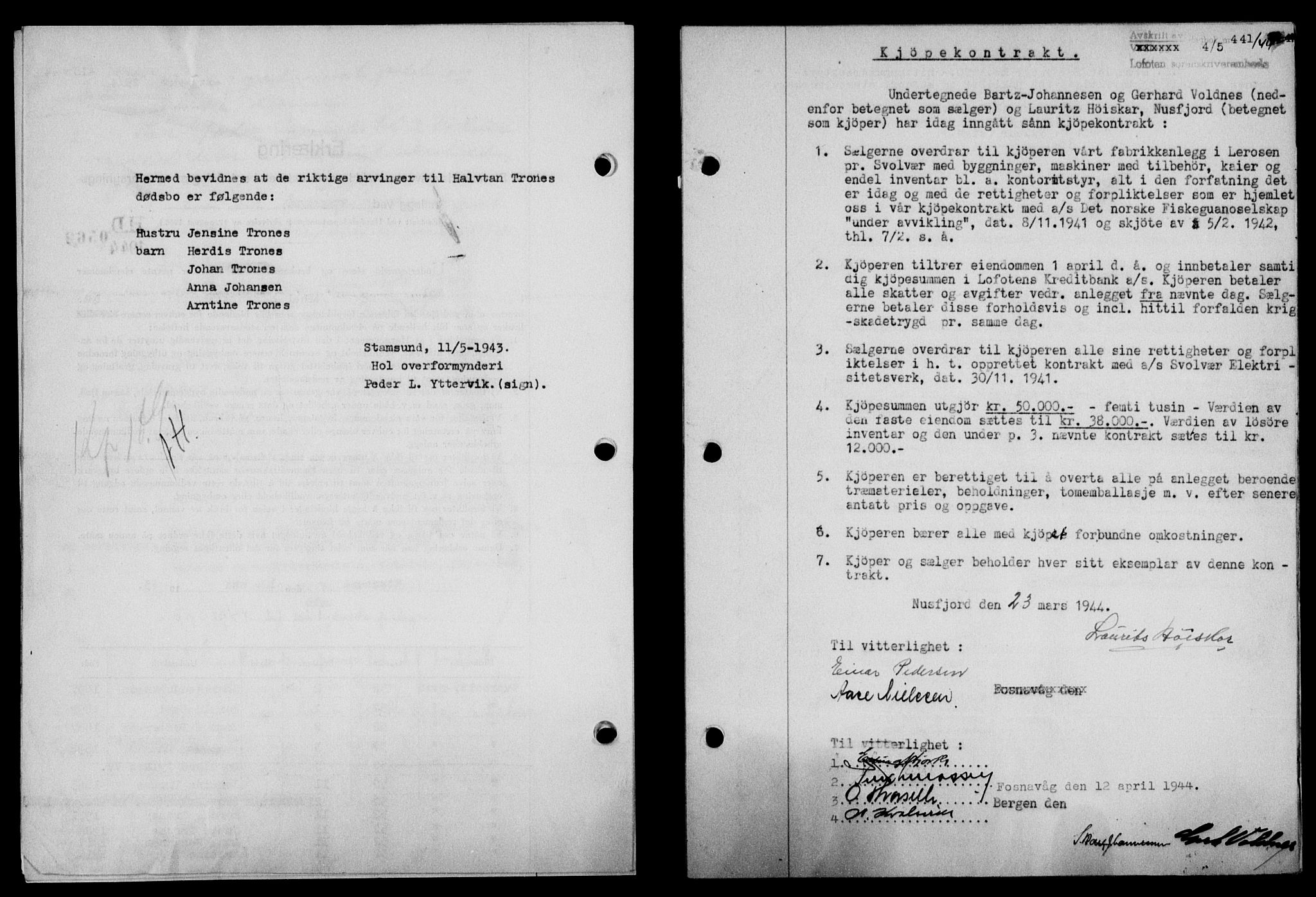 Lofoten sorenskriveri, SAT/A-0017/1/2/2C/L0012a: Mortgage book no. 12a, 1943-1944, Diary no: : 441/1944