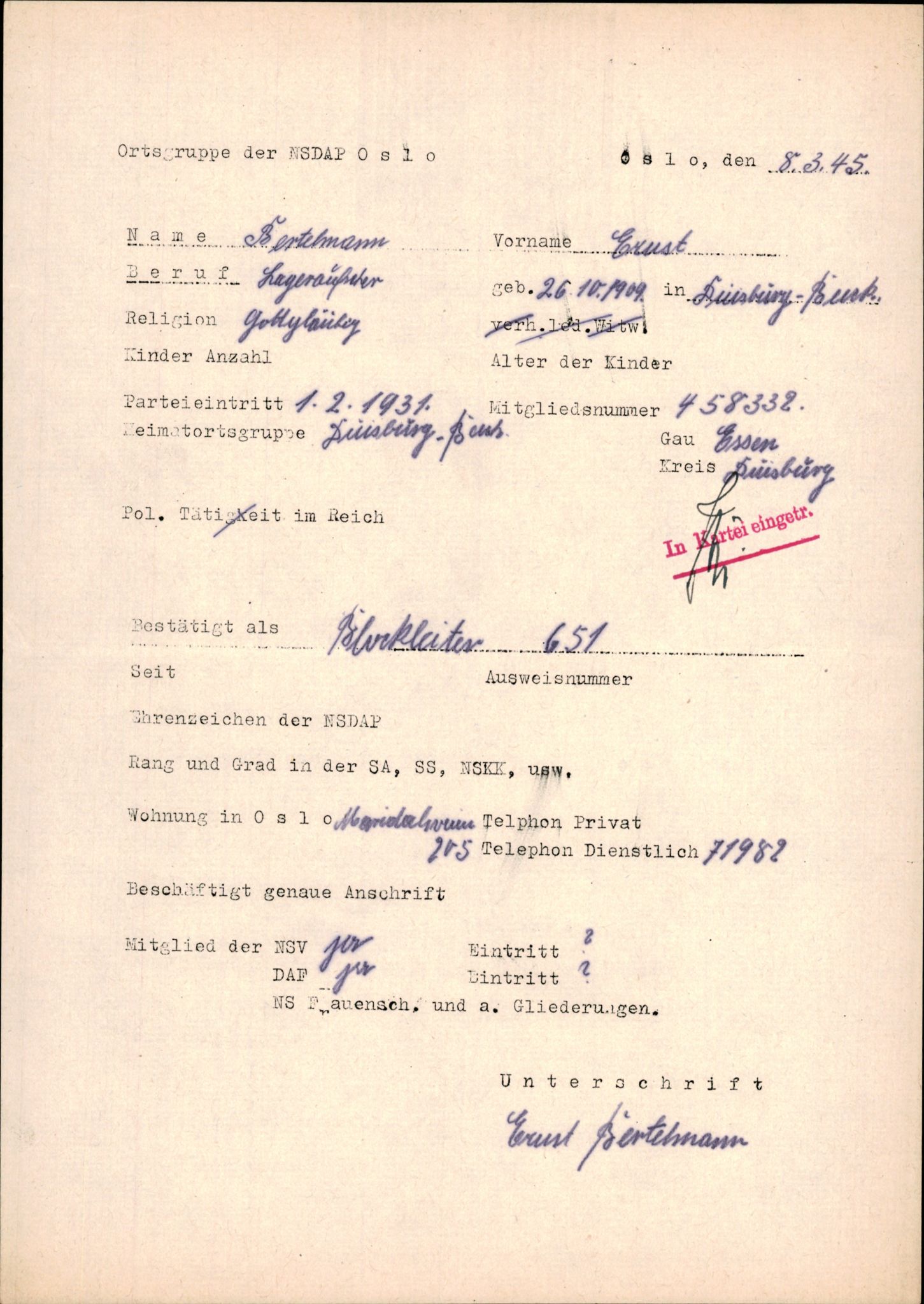 Forsvarets Overkommando. 2 kontor. Arkiv 11.4. Spredte tyske arkivsaker, AV/RA-RAFA-7031/D/Dar/Darb/L0015: Reichskommissariat - NSDAP in Norwegen, 1938-1945, p. 371