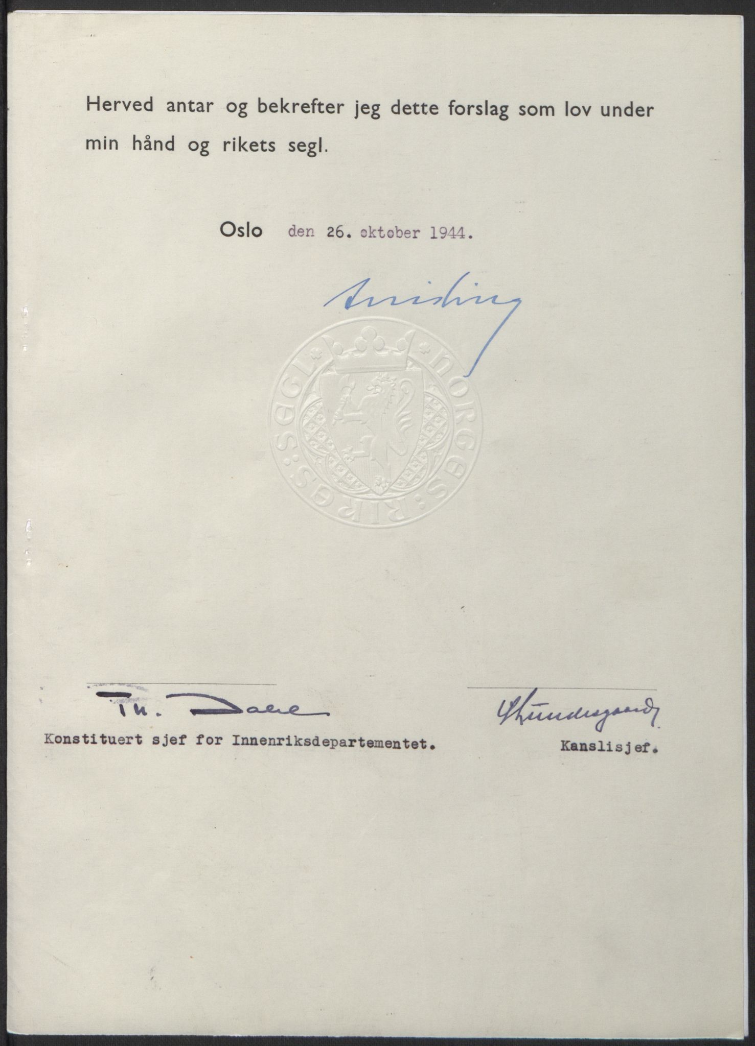 NS-administrasjonen 1940-1945 (Statsrådsekretariatet, de kommisariske statsråder mm), AV/RA-S-4279/D/Db/L0100: Lover, 1944, p. 548