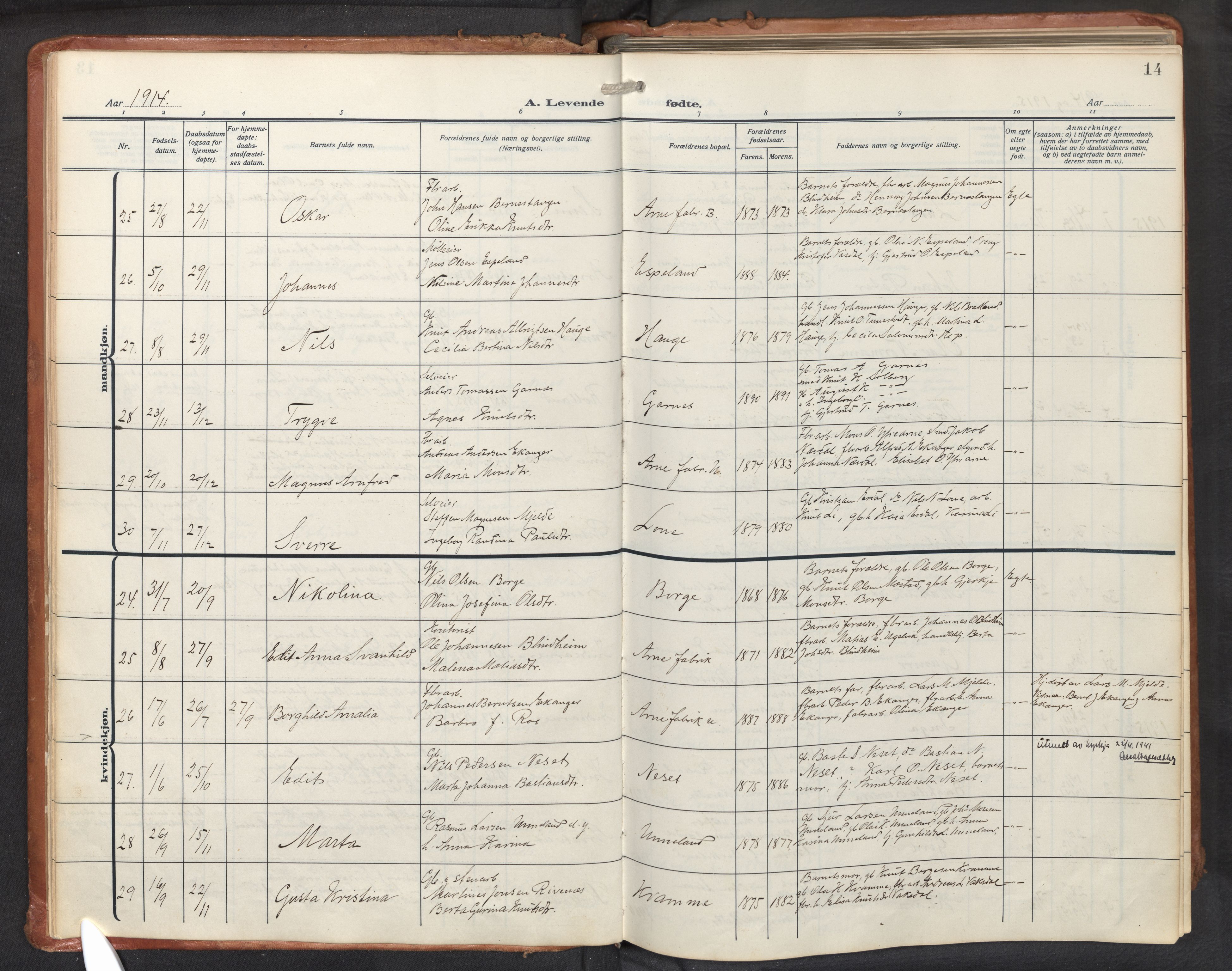 Haus sokneprestembete, AV/SAB-A-75601/H/Haa: Parish register (official) no. D 3, 1912-1927, p. 14