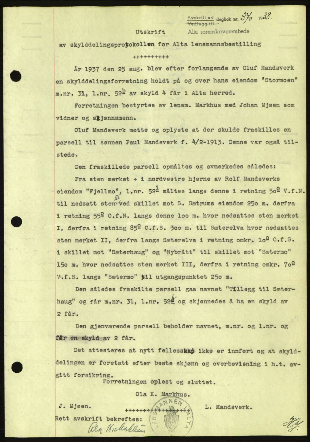 Alta fogderi/sorenskriveri, SATØ/SATØ-5/1/K/Kd/L0031pantebok: Mortgage book no. 31, 1938-1939, Diary no: : 370/1938