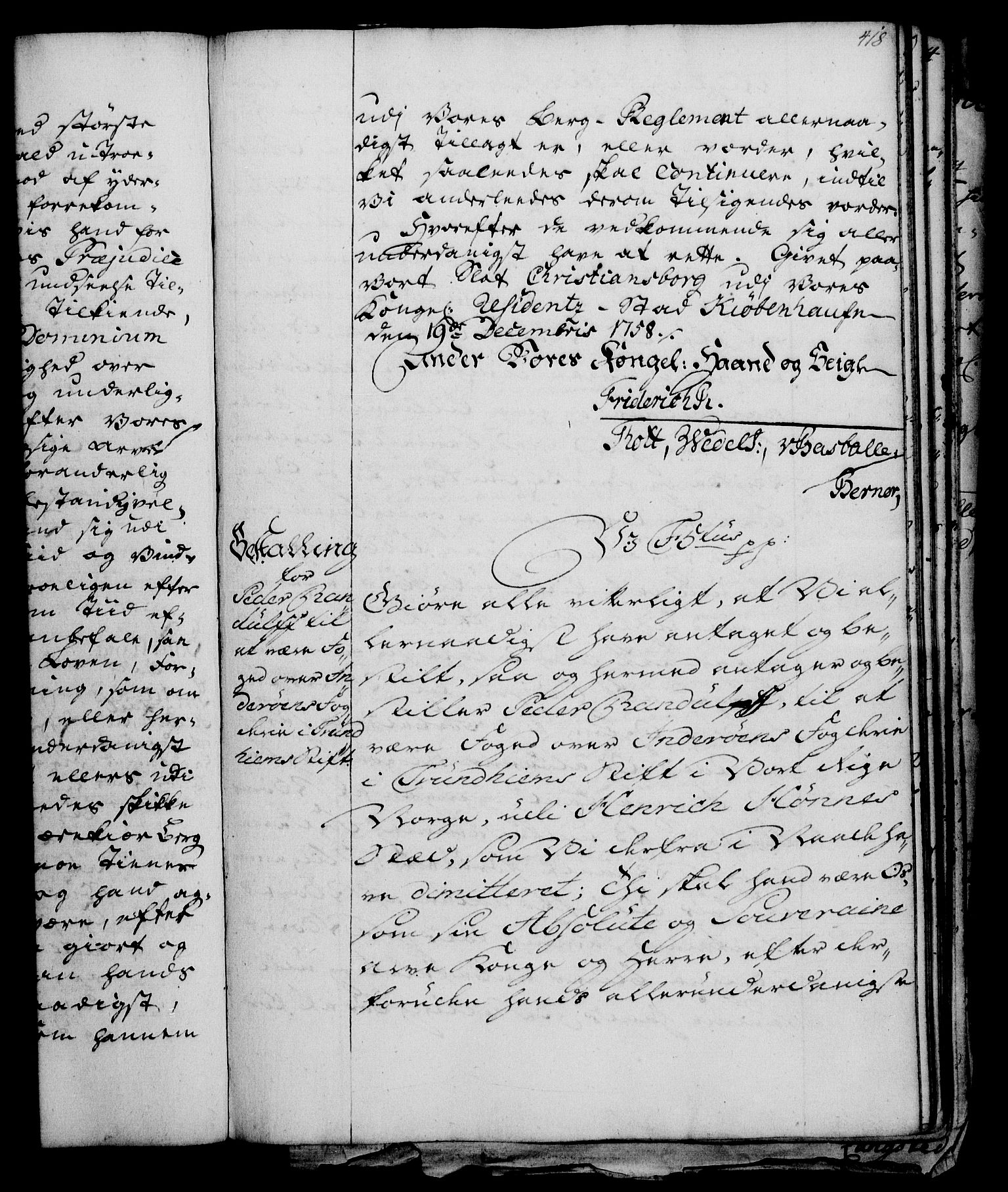 Rentekammeret, Kammerkanselliet, RA/EA-3111/G/Gg/Gge/L0003: Norsk bestallingsprotokoll med register (merket RK 53.27), 1745-1761, p. 418