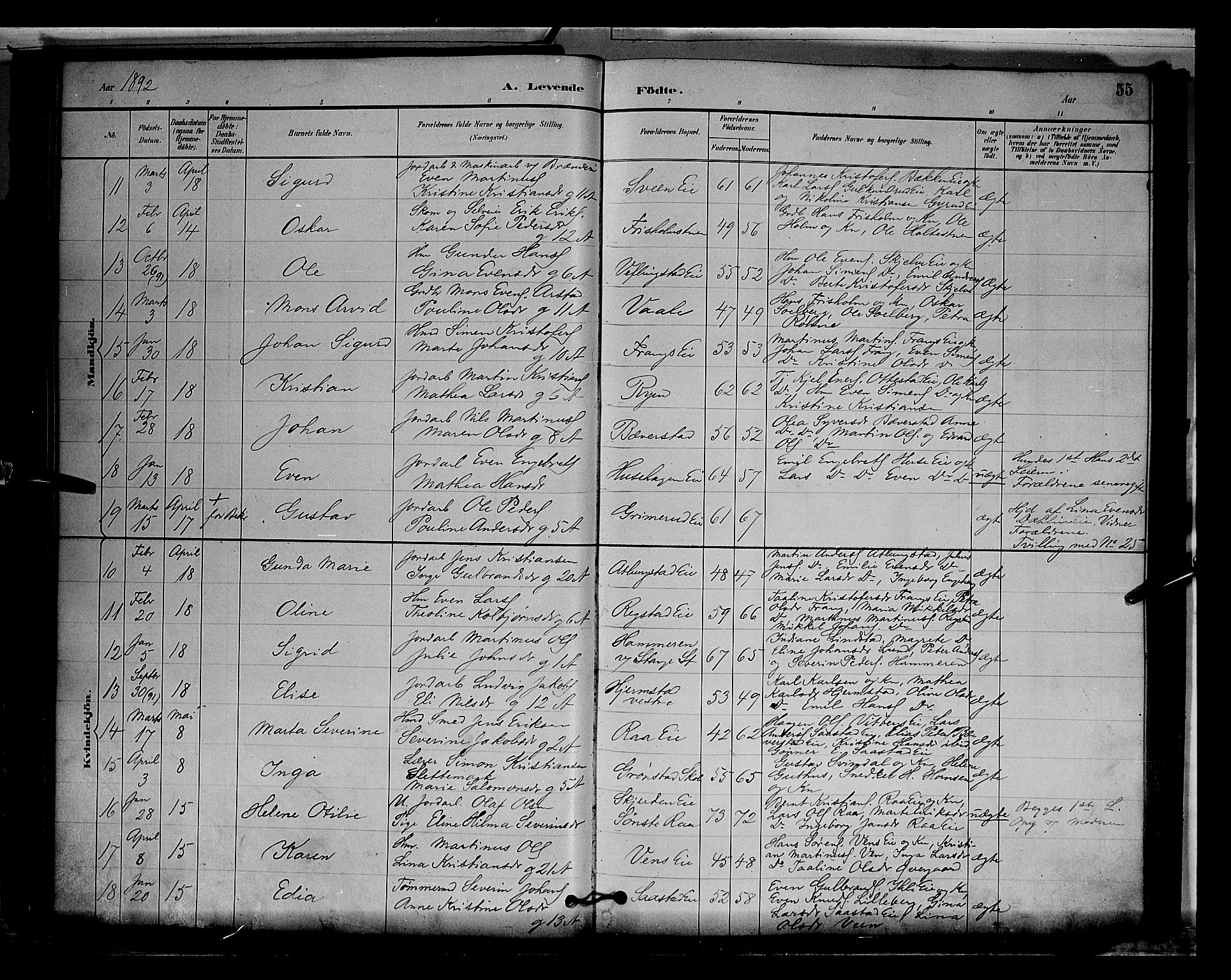 Stange prestekontor, AV/SAH-PREST-002/L/L0009: Parish register (copy) no. 9, 1883-1899, p. 55