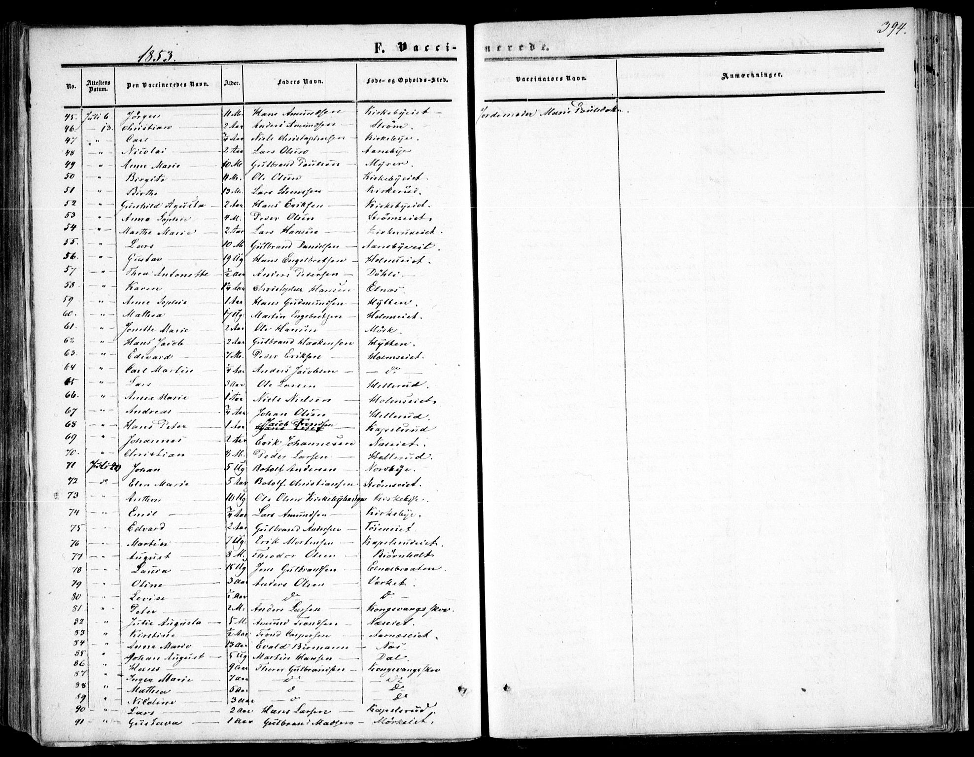 Nittedal prestekontor Kirkebøker, AV/SAO-A-10365a/F/Fa/L0005: Parish register (official) no. I 5, 1850-1862, p. 394