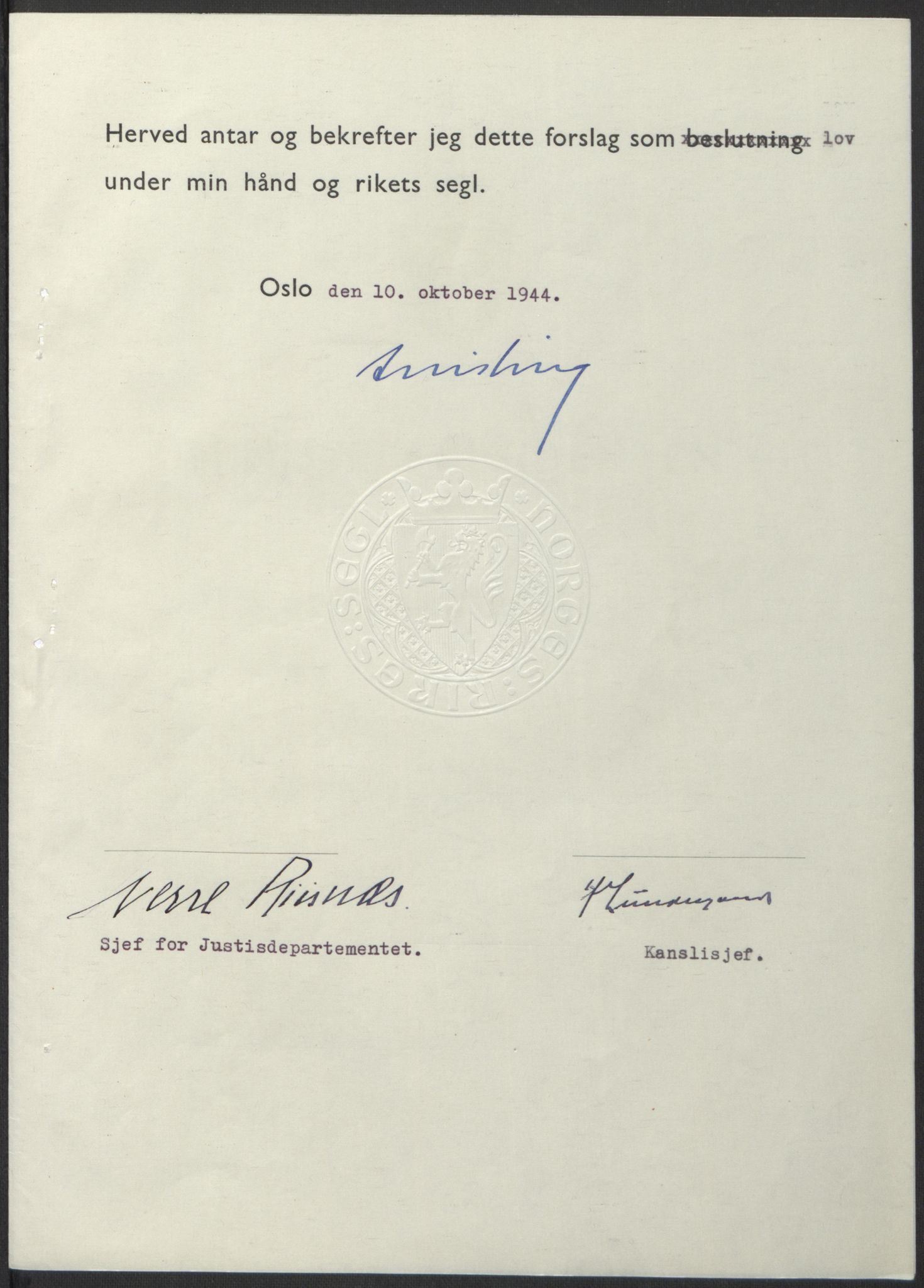 NS-administrasjonen 1940-1945 (Statsrådsekretariatet, de kommisariske statsråder mm), AV/RA-S-4279/D/Db/L0100: Lover, 1944, p. 492