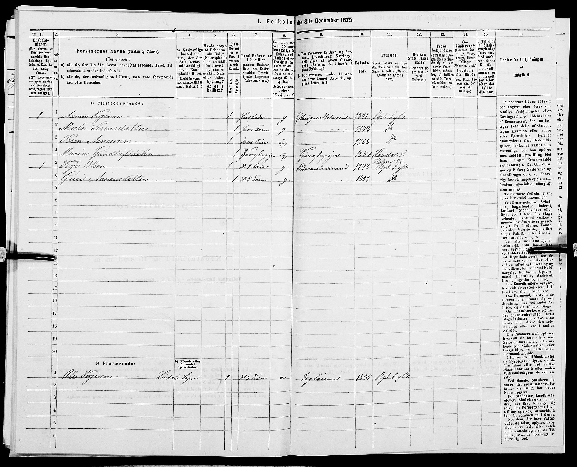 SAK, 1875 census for 1024P Bjelland, 1875, p. 261