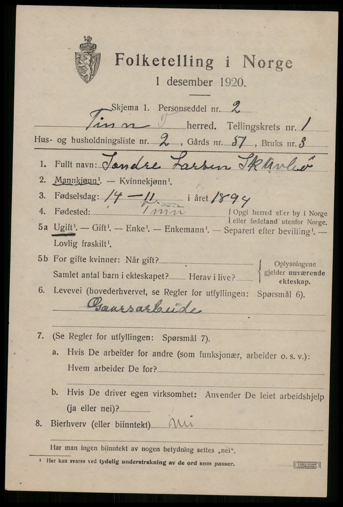 SAKO, 1920 census for Tinn, 1920, p. 2702