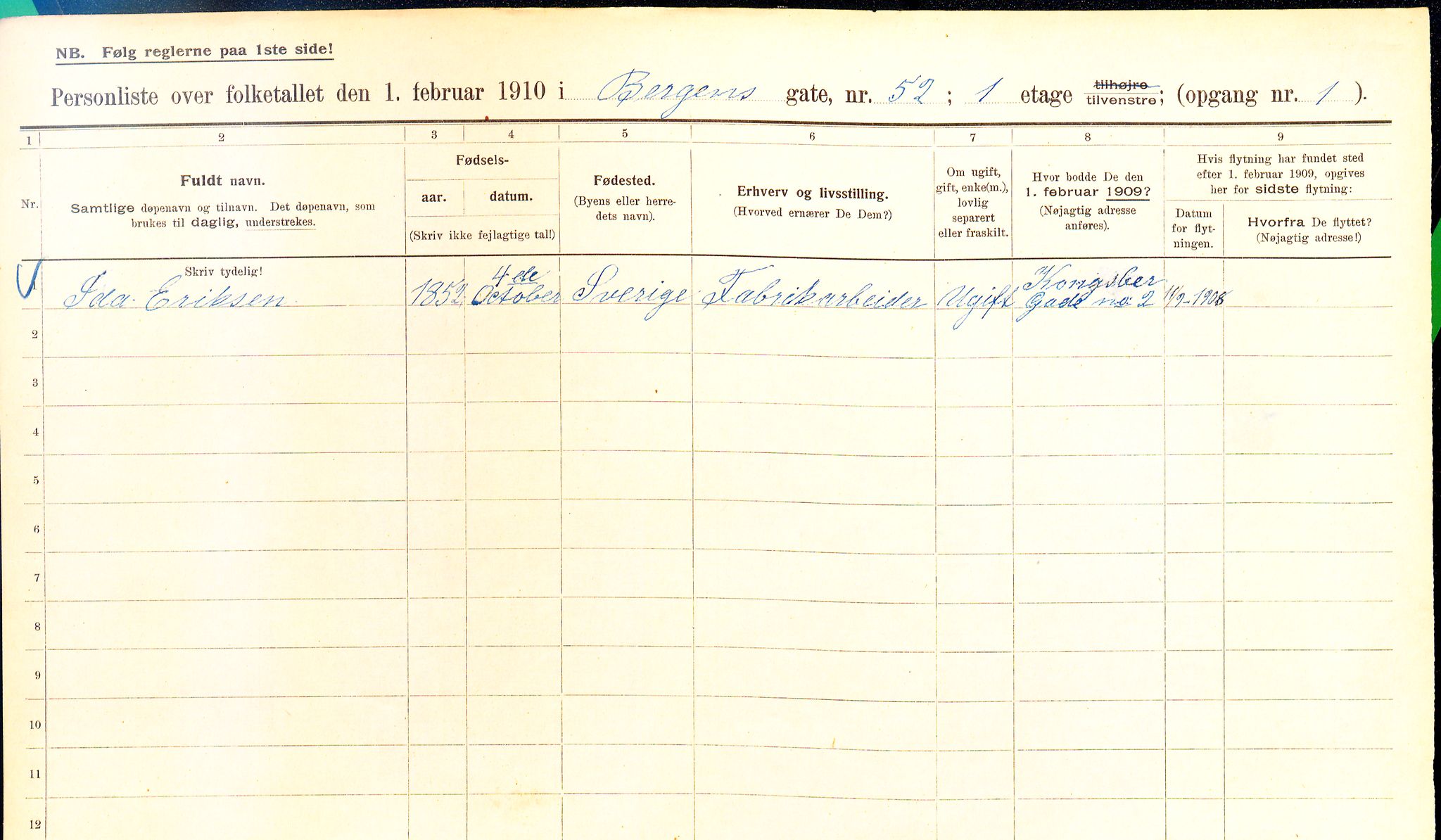 OBA, Municipal Census 1910 for Kristiania, 1910, p. 3854