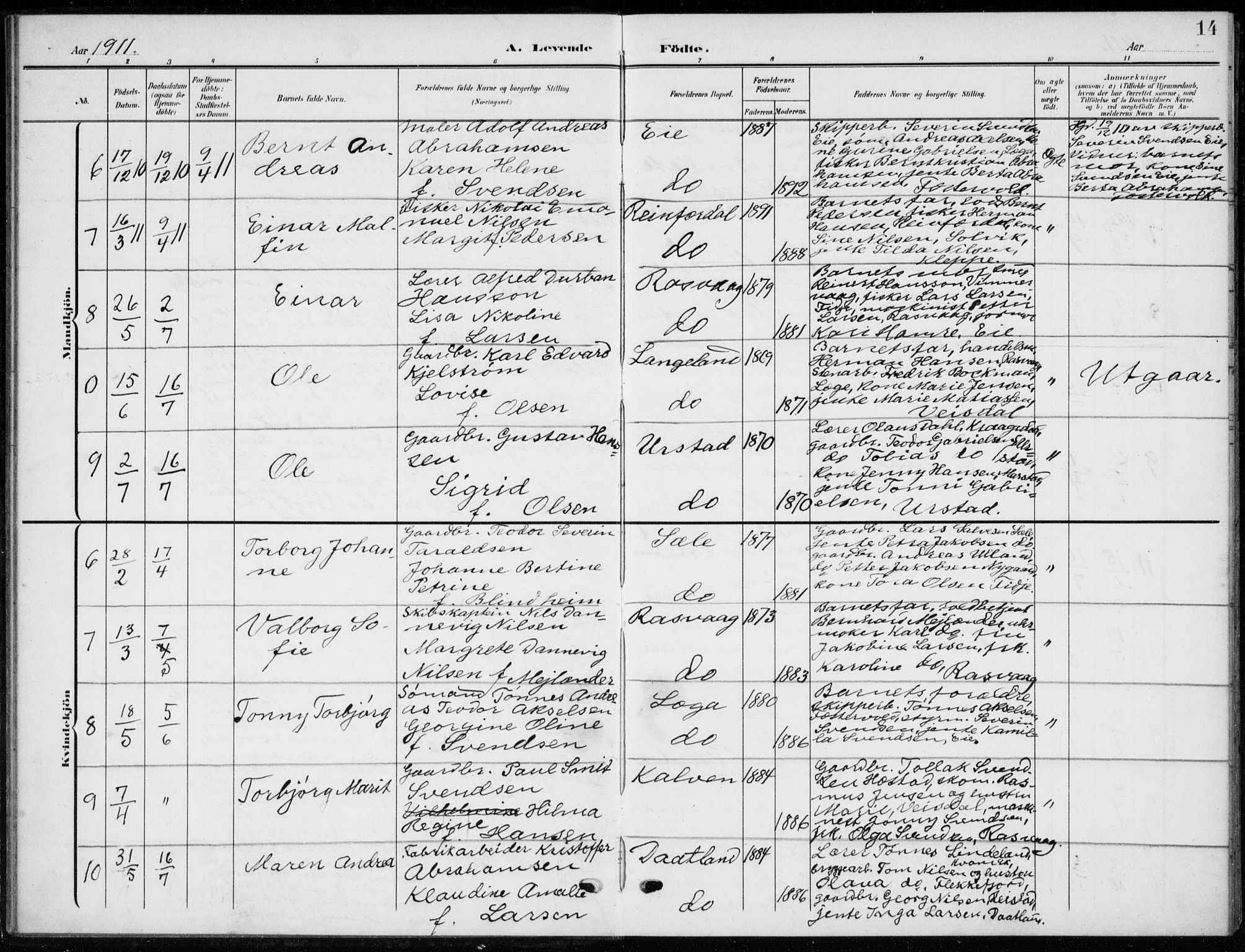 Flekkefjord sokneprestkontor, AV/SAK-1111-0012/F/Fb/Fbb/L0005: Parish register (copy) no. B 5, 1908-1927, p. 14