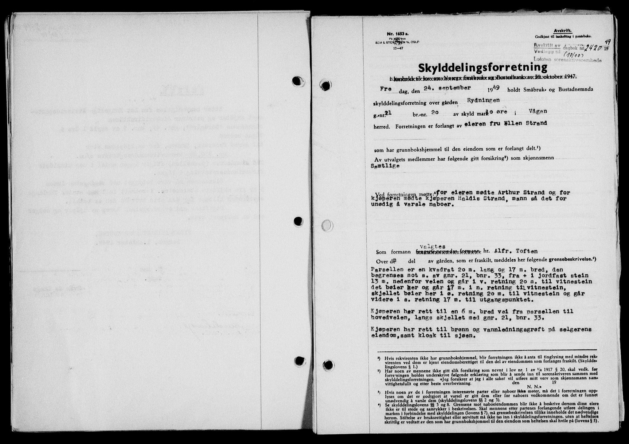 Lofoten sorenskriveri, SAT/A-0017/1/2/2C/L0022a: Mortgage book no. 22a, 1949-1950, Diary no: : 2420/1949