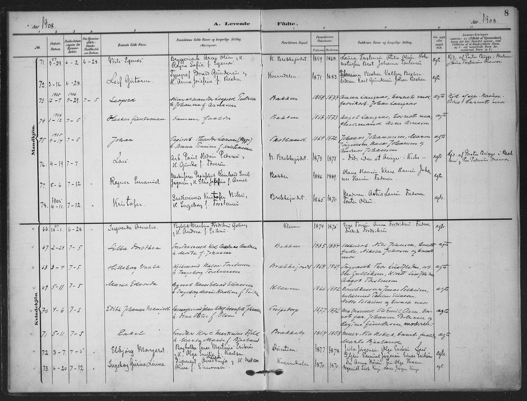 Skien kirkebøker, AV/SAKO-A-302/F/Fa/L0012: Parish register (official) no. 12, 1908-1914, p. 8