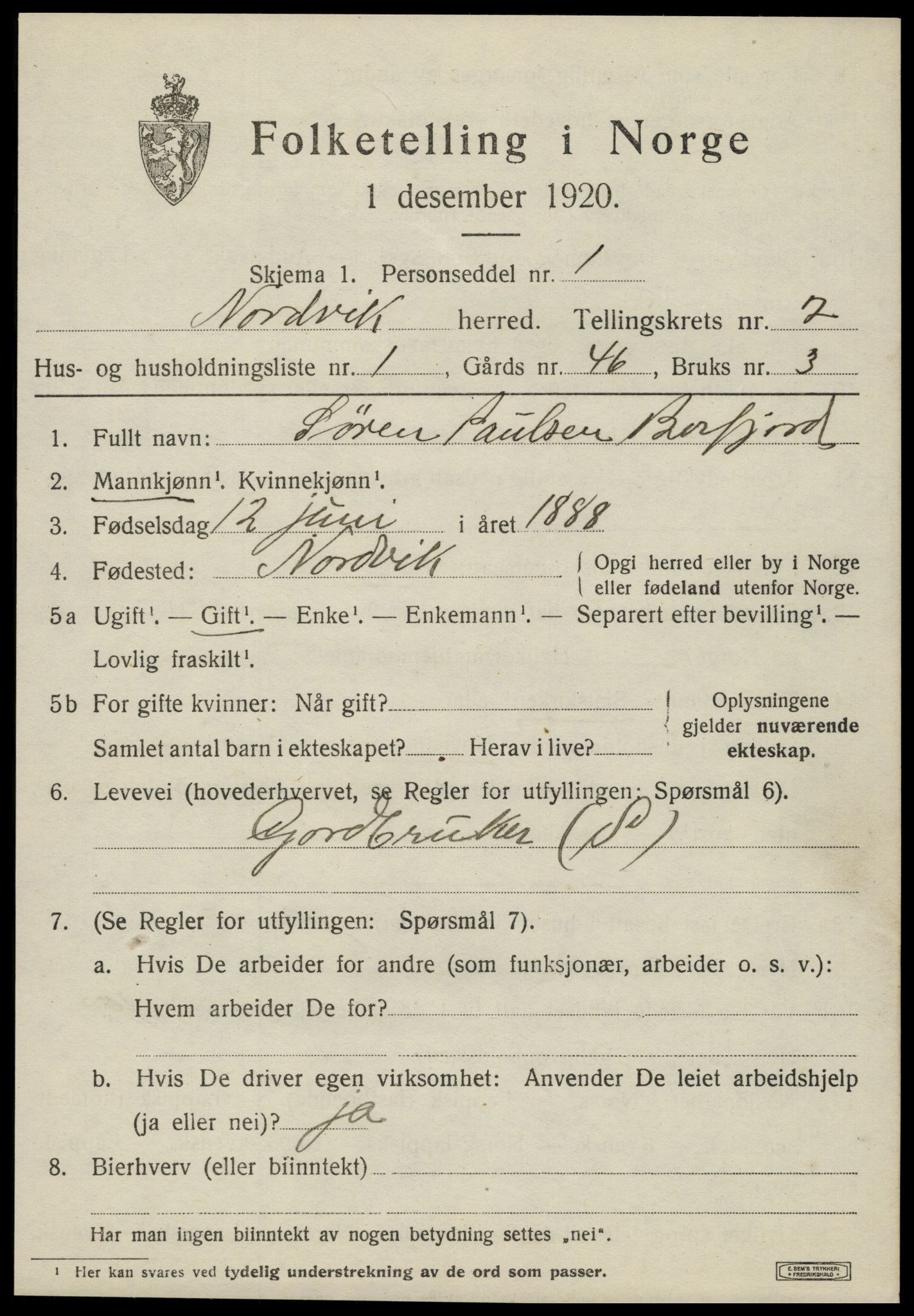 SAT, 1920 census for Nordvik, 1920, p. 2608