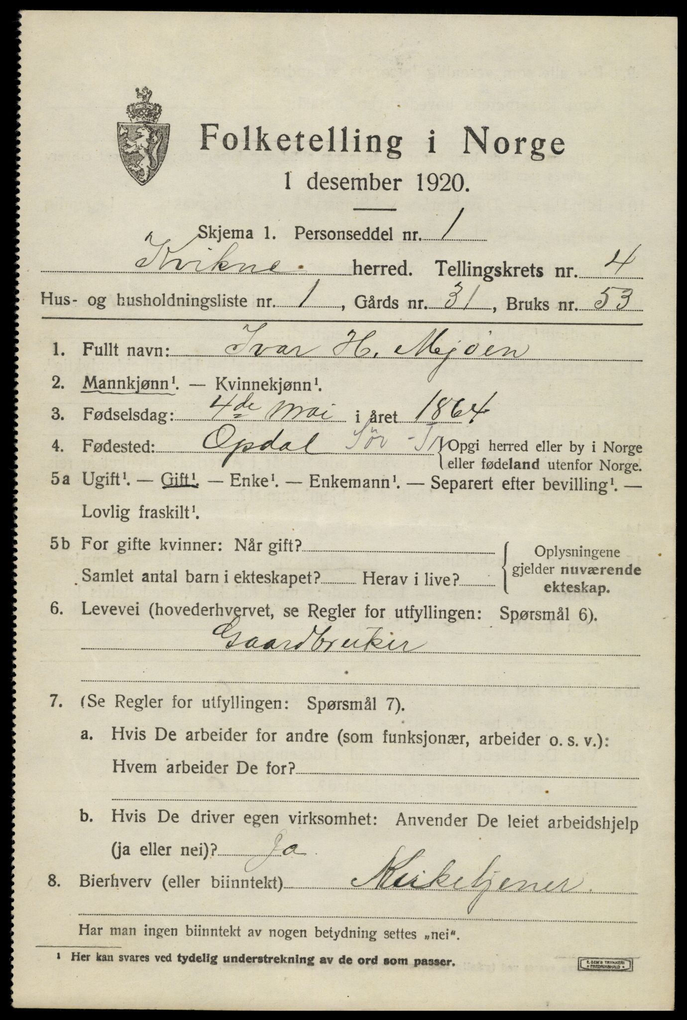 SAH, 1920 census for Kvikne, 1920, p. 1628