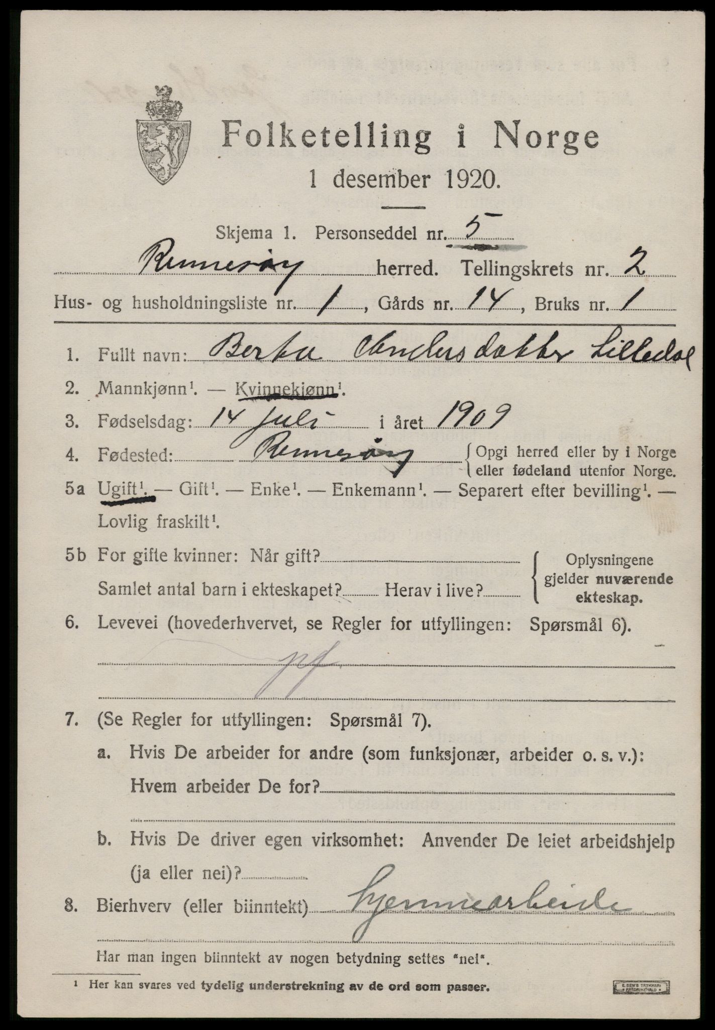 SAST, 1920 census for Rennesøy, 1920, p. 1026