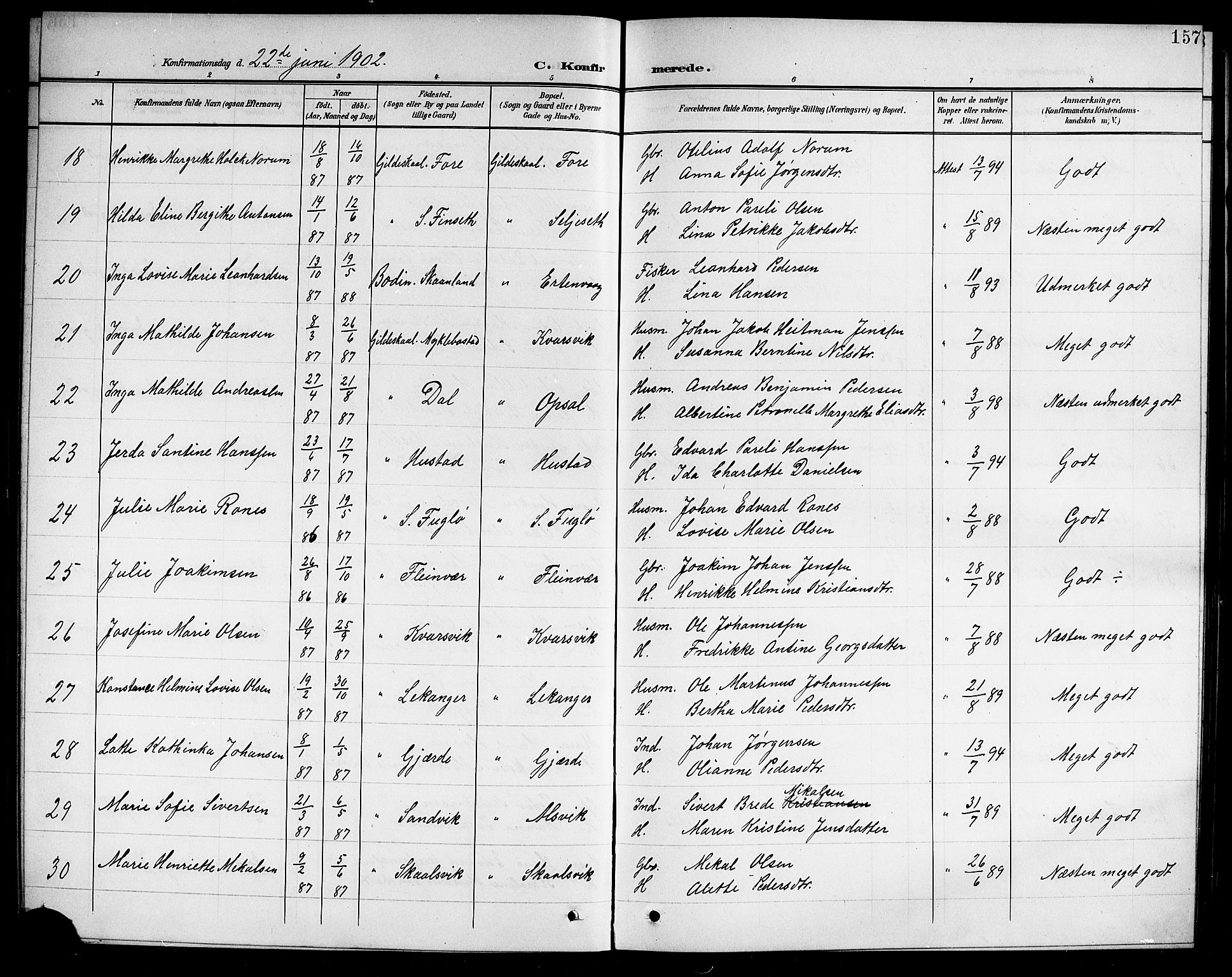 Ministerialprotokoller, klokkerbøker og fødselsregistre - Nordland, AV/SAT-A-1459/805/L0109: Parish register (copy) no. 805C05, 1900-1911, p. 157