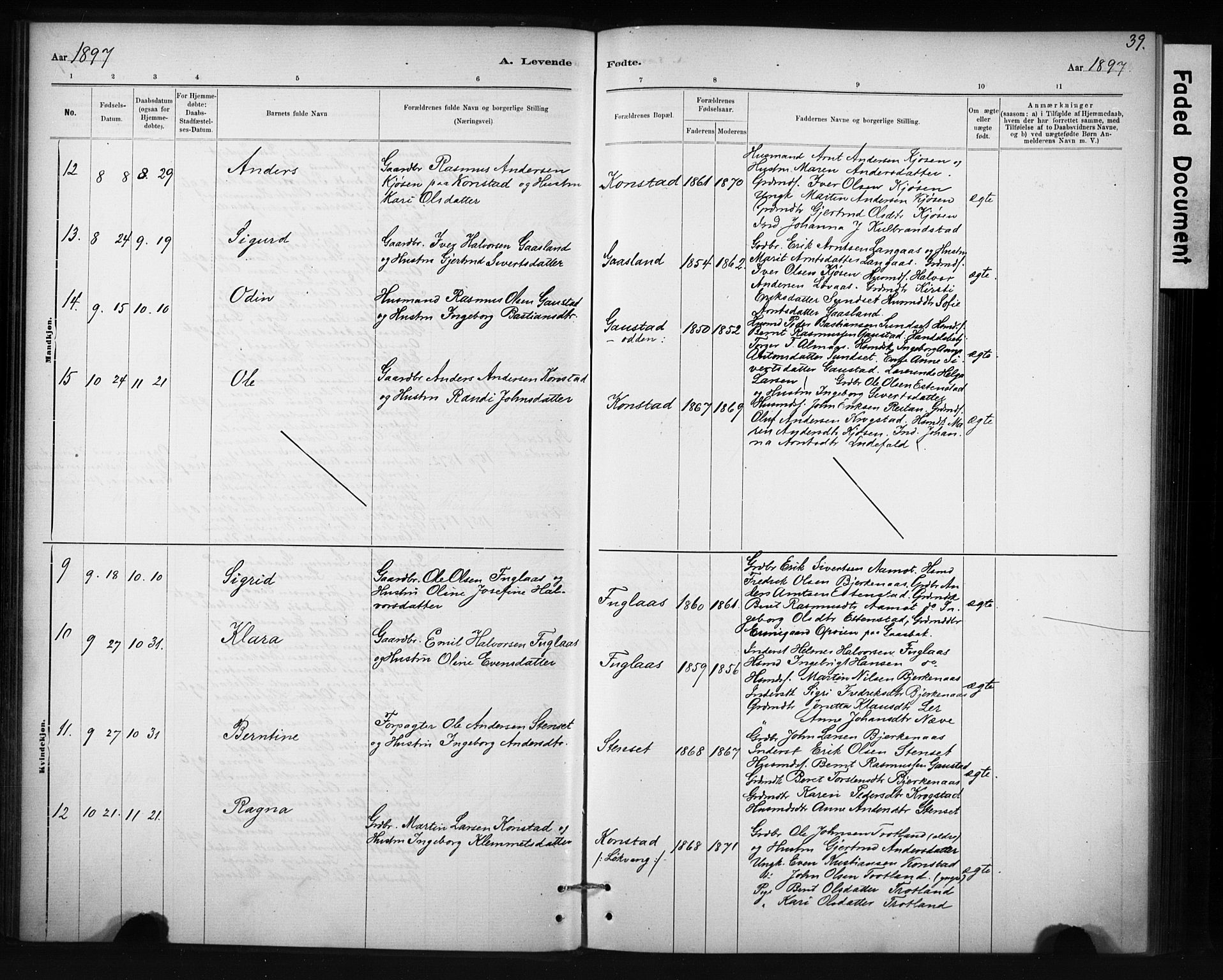 Ministerialprotokoller, klokkerbøker og fødselsregistre - Sør-Trøndelag, AV/SAT-A-1456/694/L1127: Parish register (official) no. 694A01, 1887-1905, p. 39