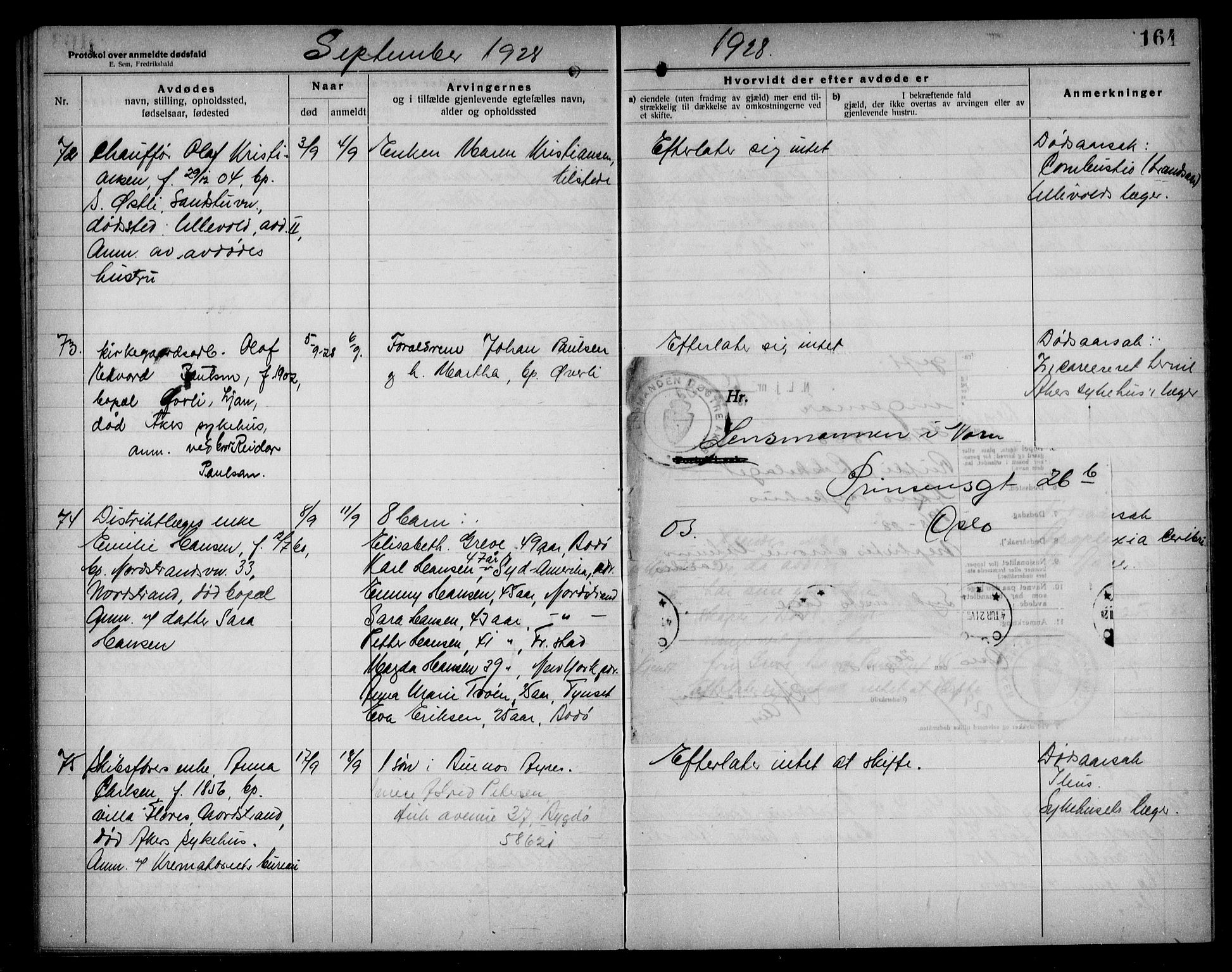 Aker kriminaldommer, skifte- og auksjonsforvalterembete, AV/SAO-A-10452/H/Hb/Hba/Hbad/L0001: Dødsfallsprotokoll for Nordstrand, 1922-1929, p. 164