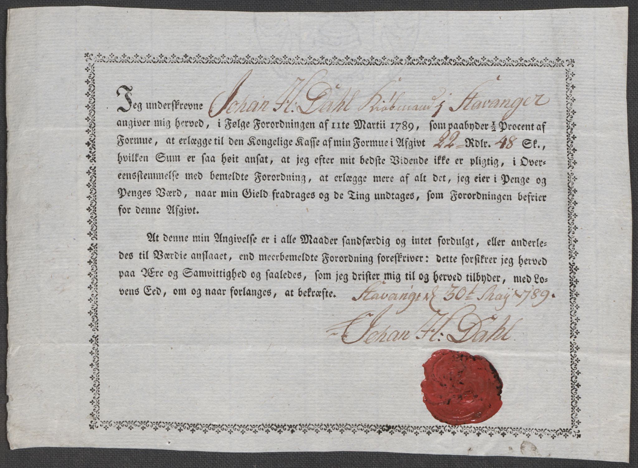 Rentekammeret inntil 1814, Reviderte regnskaper, Mindre regnskaper, AV/RA-EA-4068/Rf/Rfe/L0045: Stavanger, Stjørdal og Verdal fogderi, 1789, p. 116