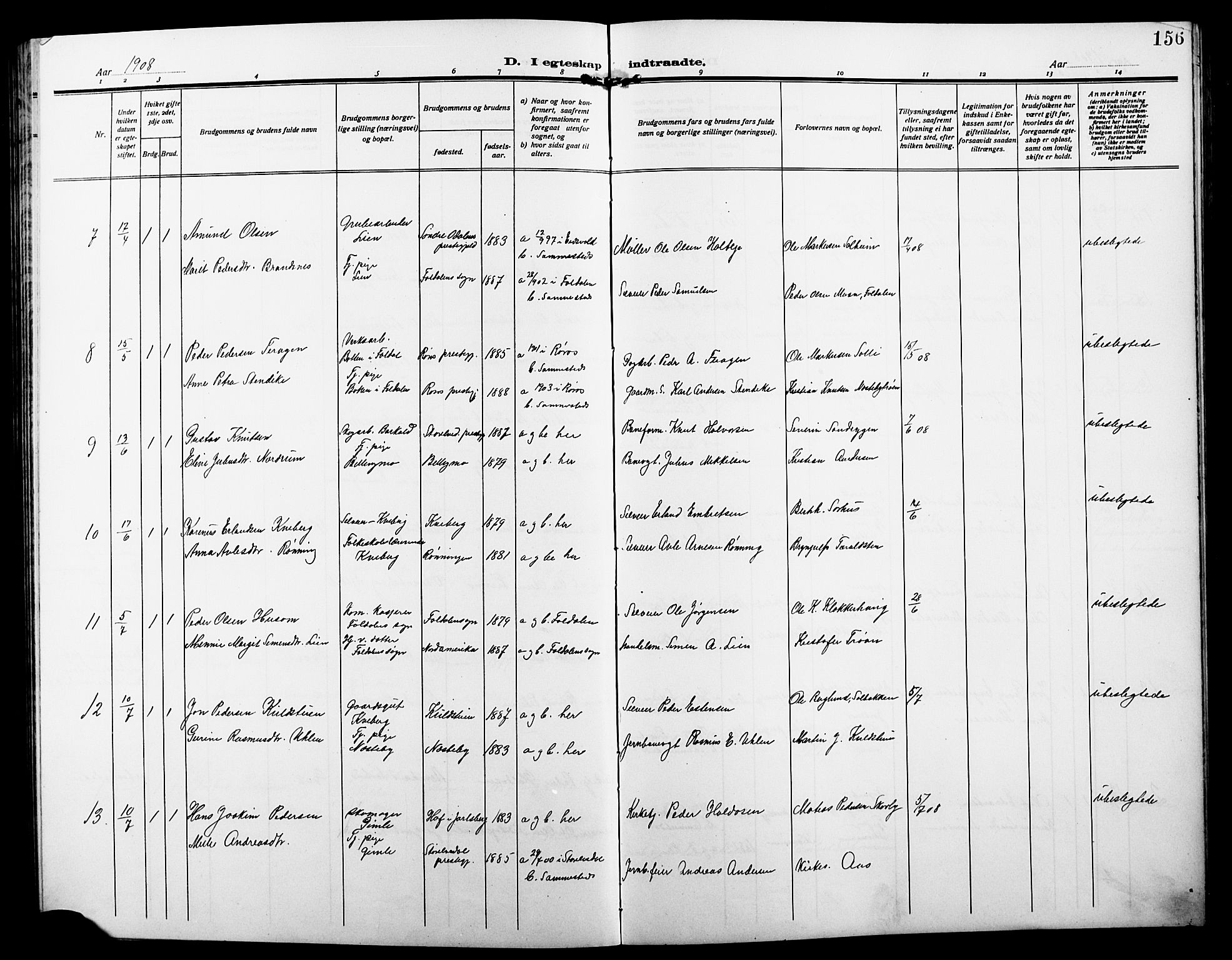 Alvdal prestekontor, AV/SAH-PREST-060/H/Ha/Hab/L0005: Parish register (copy) no. 5, 1908-1923, p. 156