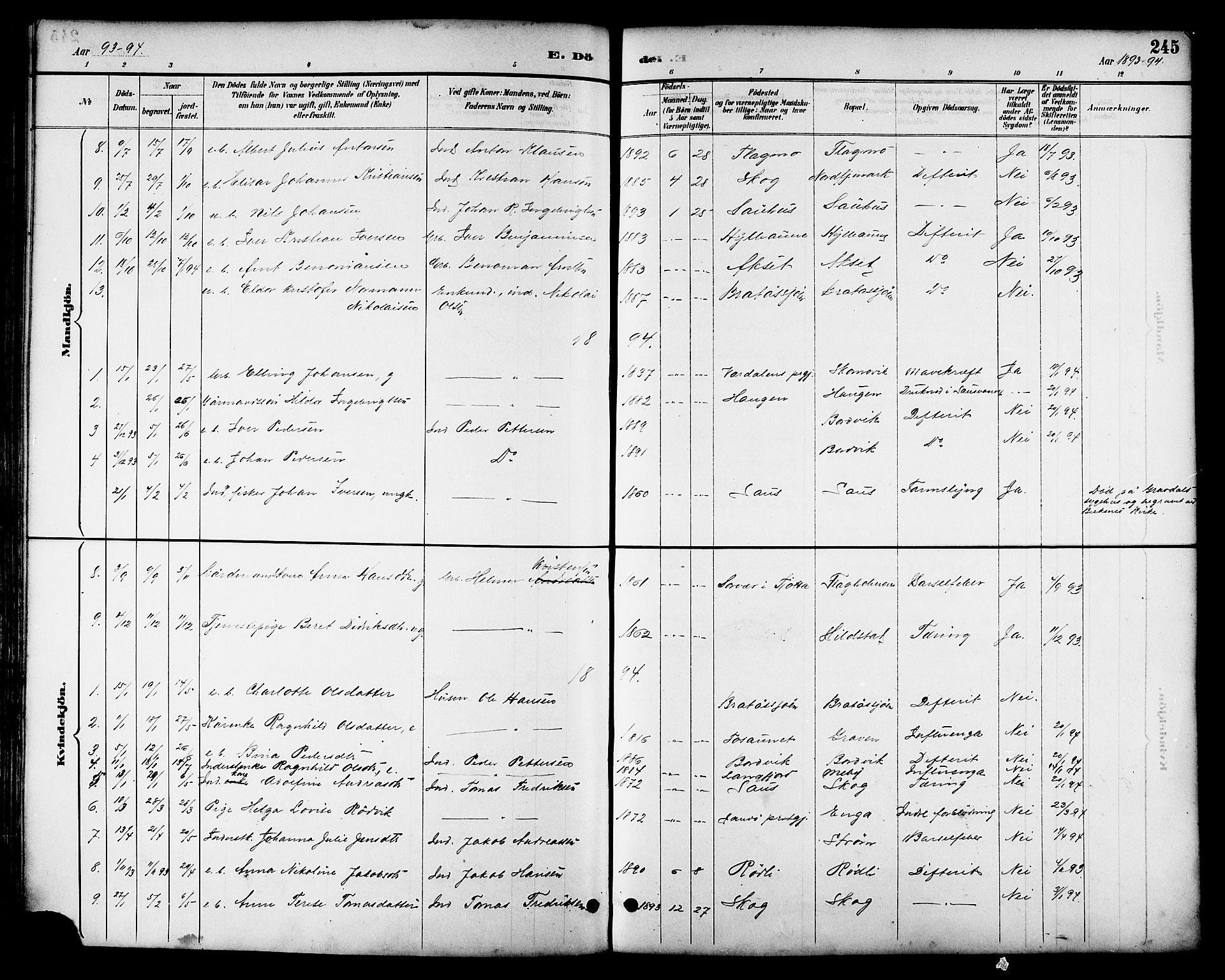 Ministerialprotokoller, klokkerbøker og fødselsregistre - Nordland, AV/SAT-A-1459/814/L0230: Parish register (copy) no. 814C03, 1884-1911, p. 245