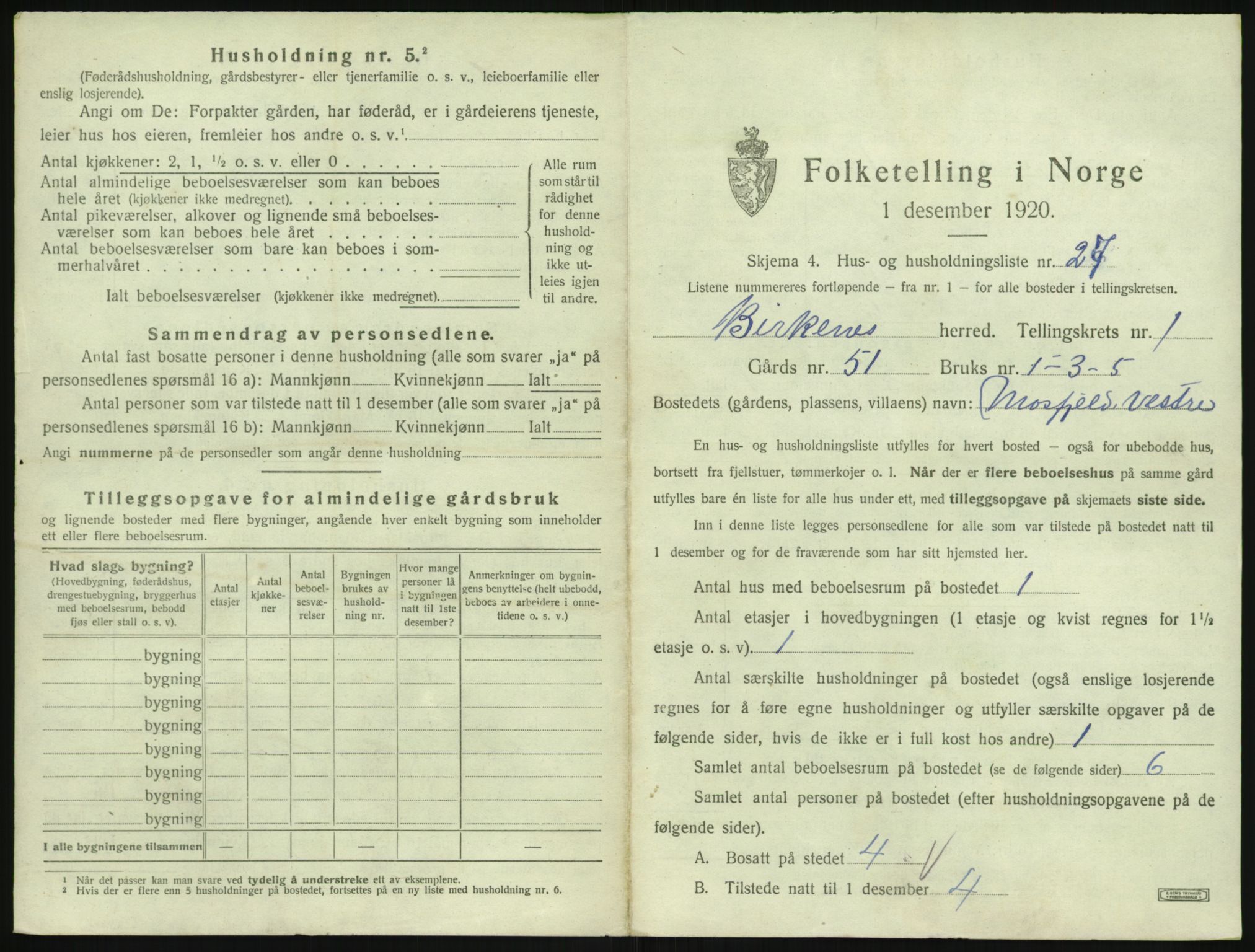 SAK, 1920 census for Birkenes, 1920, p. 87