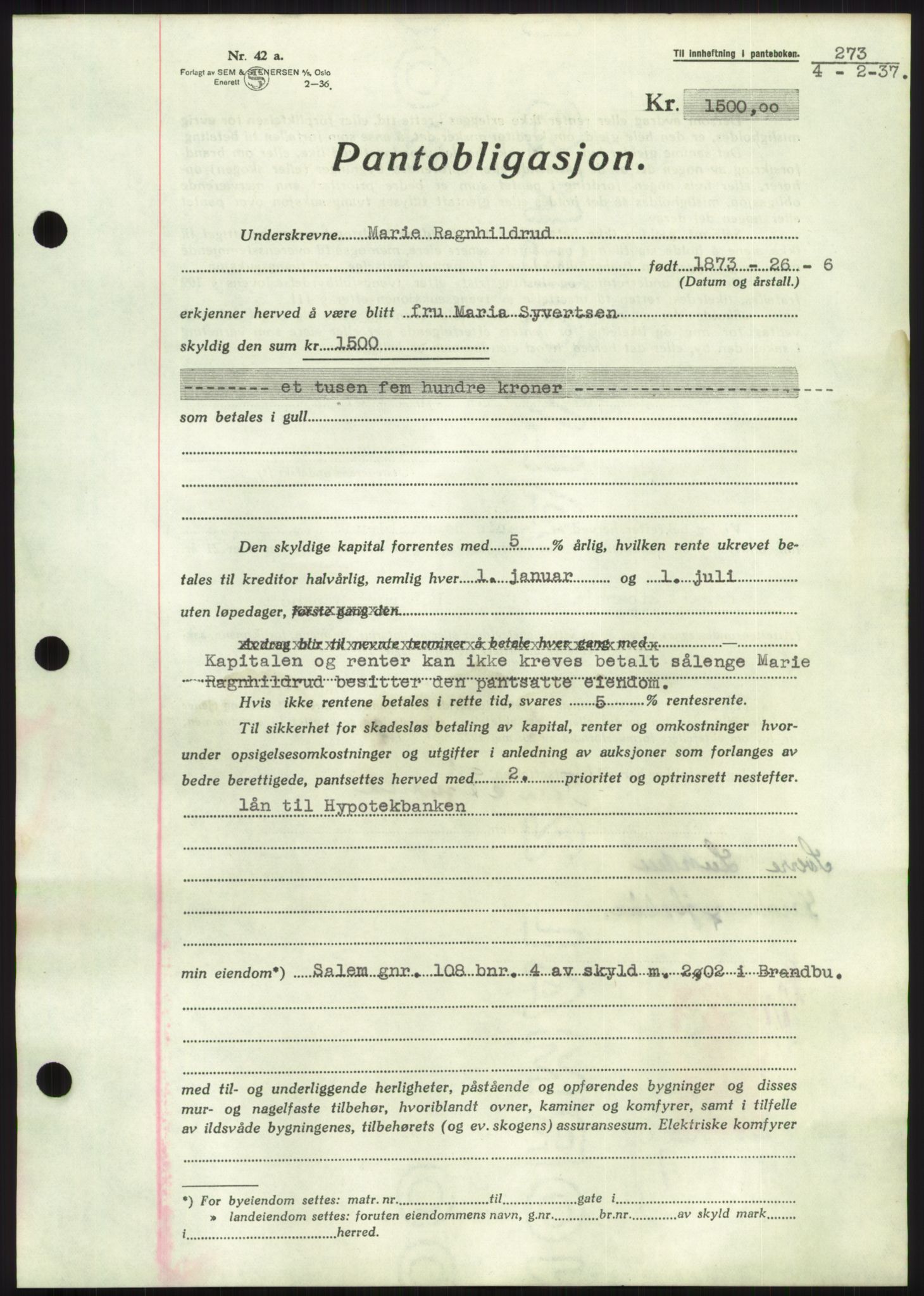 Hadeland og Land tingrett, AV/SAH-TING-010/H/Hb/Hbc/L0002: Mortgage book no. B2, 1936-1937, Diary no: : 273/1937