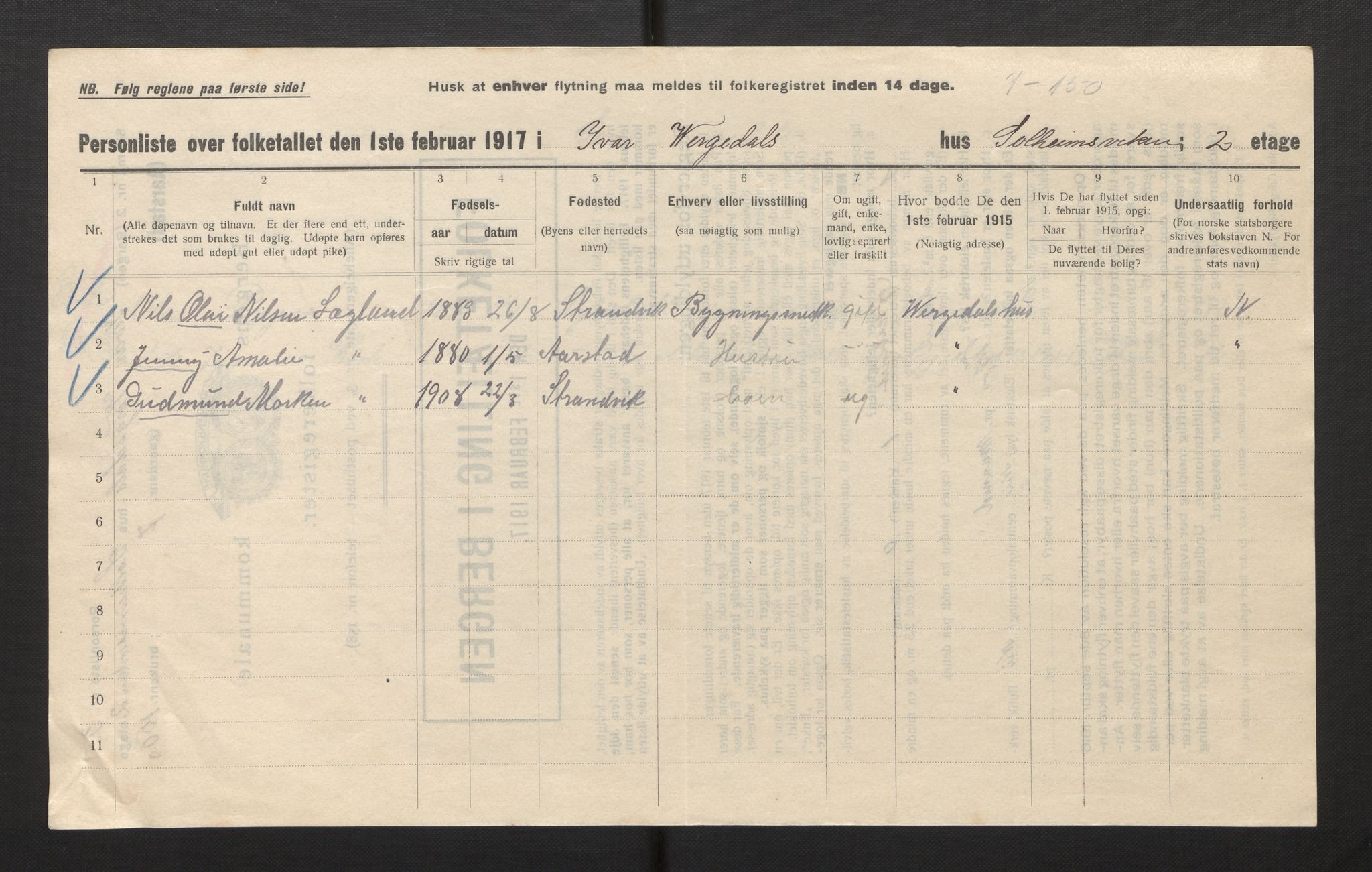 SAB, Municipal Census 1917 for Bergen, 1917, p. 49320