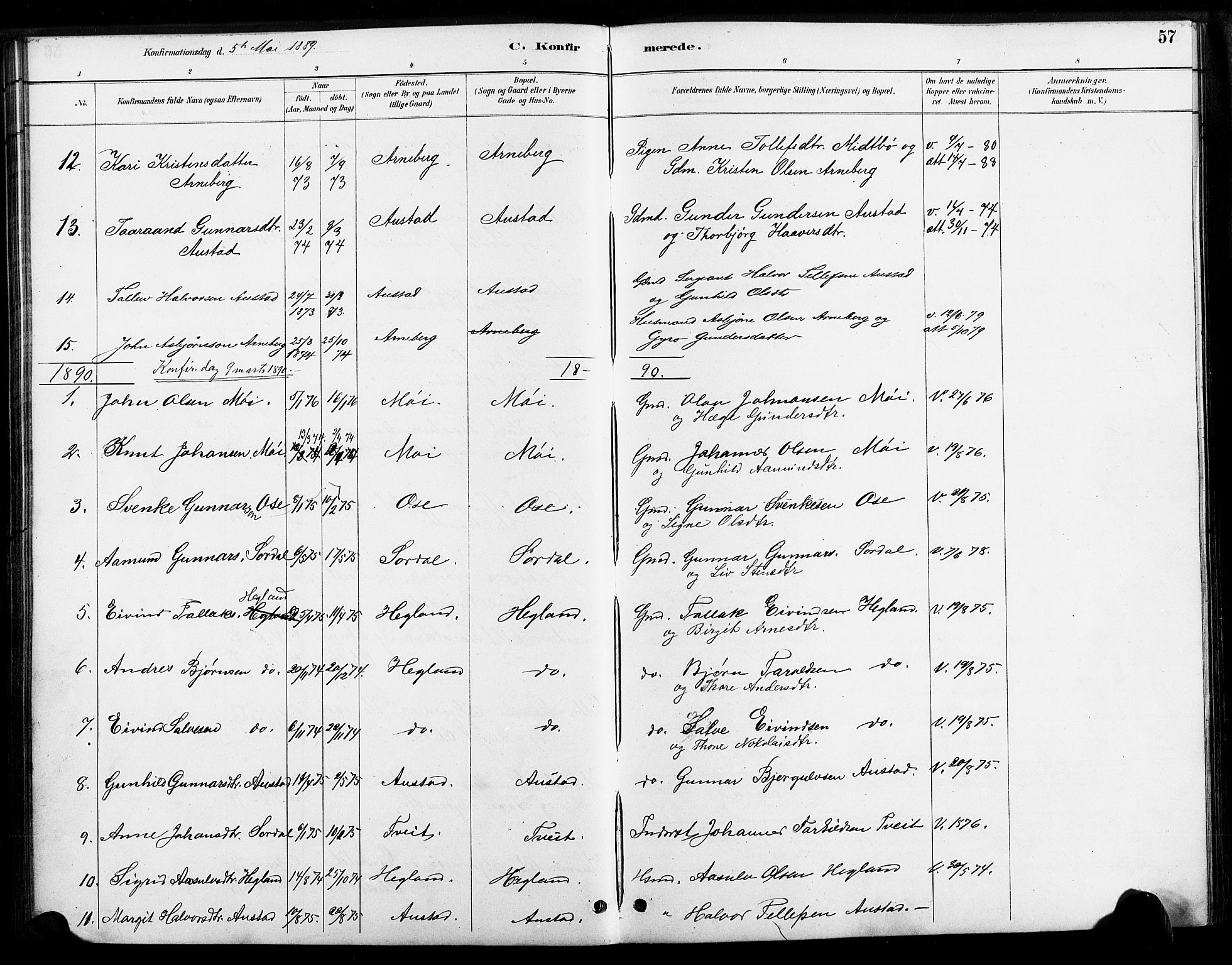 Bygland sokneprestkontor, SAK/1111-0006/F/Fa/Faa/L0001: Parish register (official) no. A 1, 1885-1908, p. 57