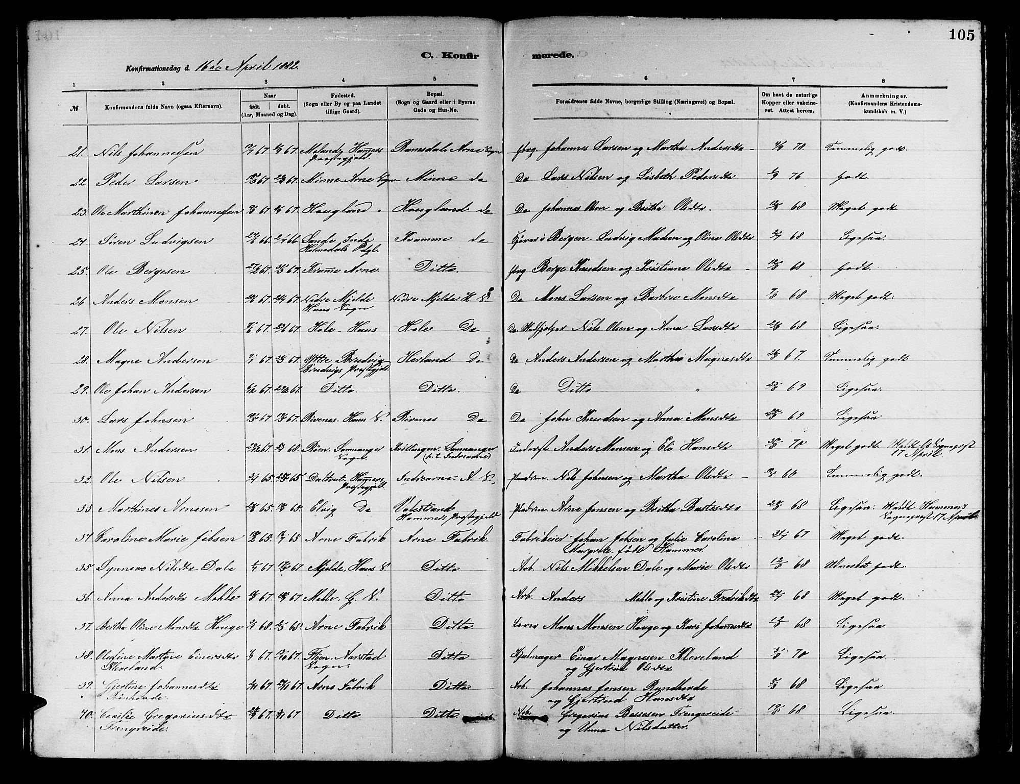 Arna Sokneprestembete, SAB/A-74001/H/Ha/Hab: Parish register (copy) no. A 2, 1878-1887, p. 105