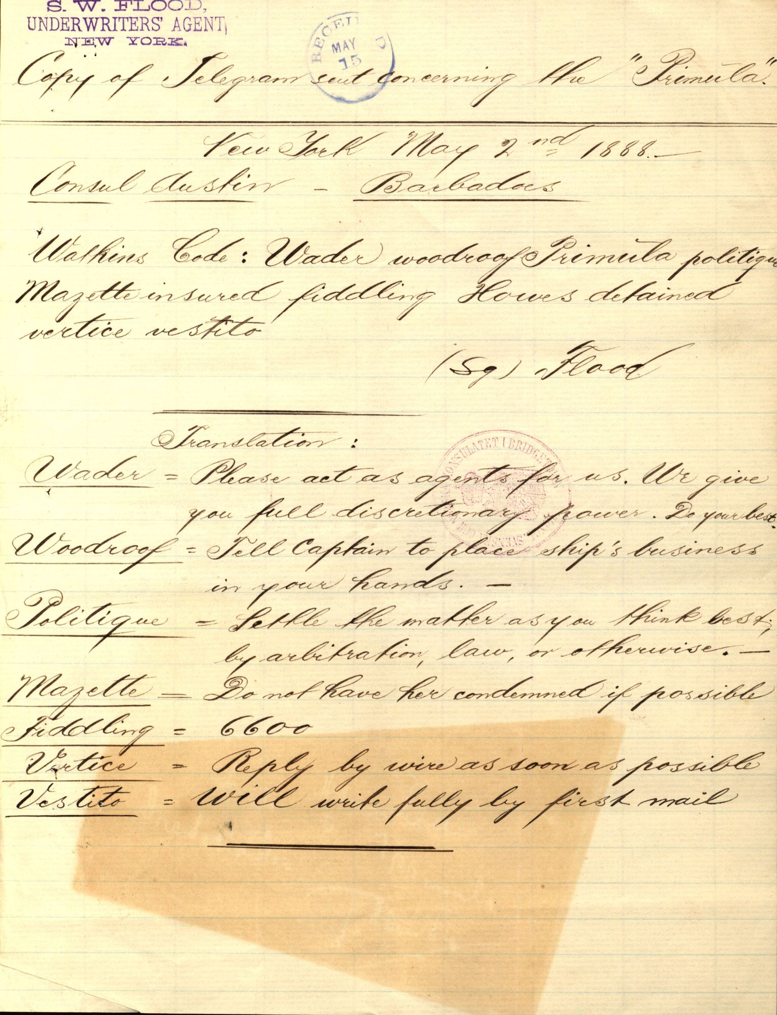 Pa 63 - Østlandske skibsassuranceforening, VEMU/A-1079/G/Ga/L0021/0003: Havaridokumenter / Inga av Drammen, Inga av Sandefjord, Primula, 1888-1889, p. 176