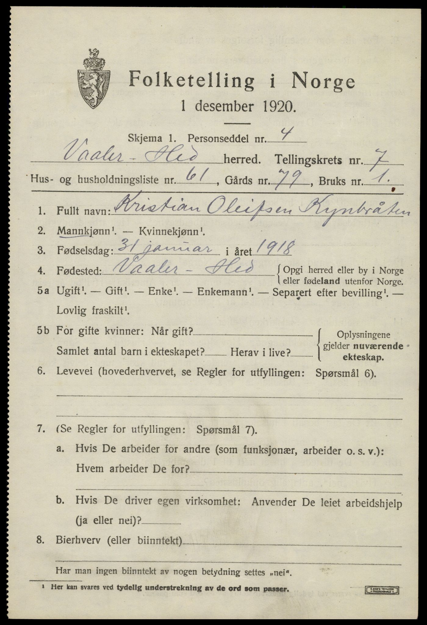 SAH, 1920 census for Våler (Hedmark), 1920, p. 8233