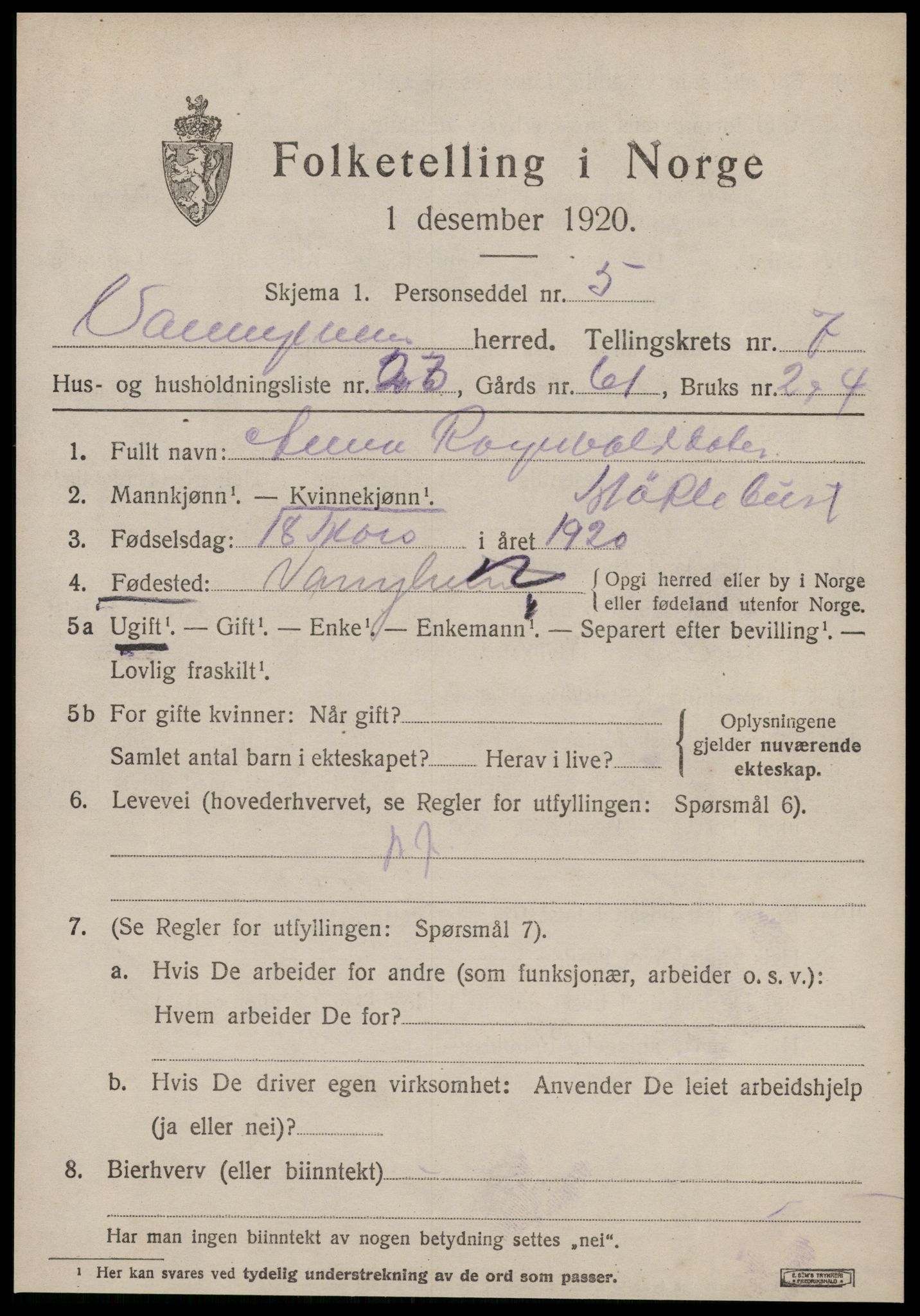 SAT, 1920 census for Vanylven, 1920, p. 4293