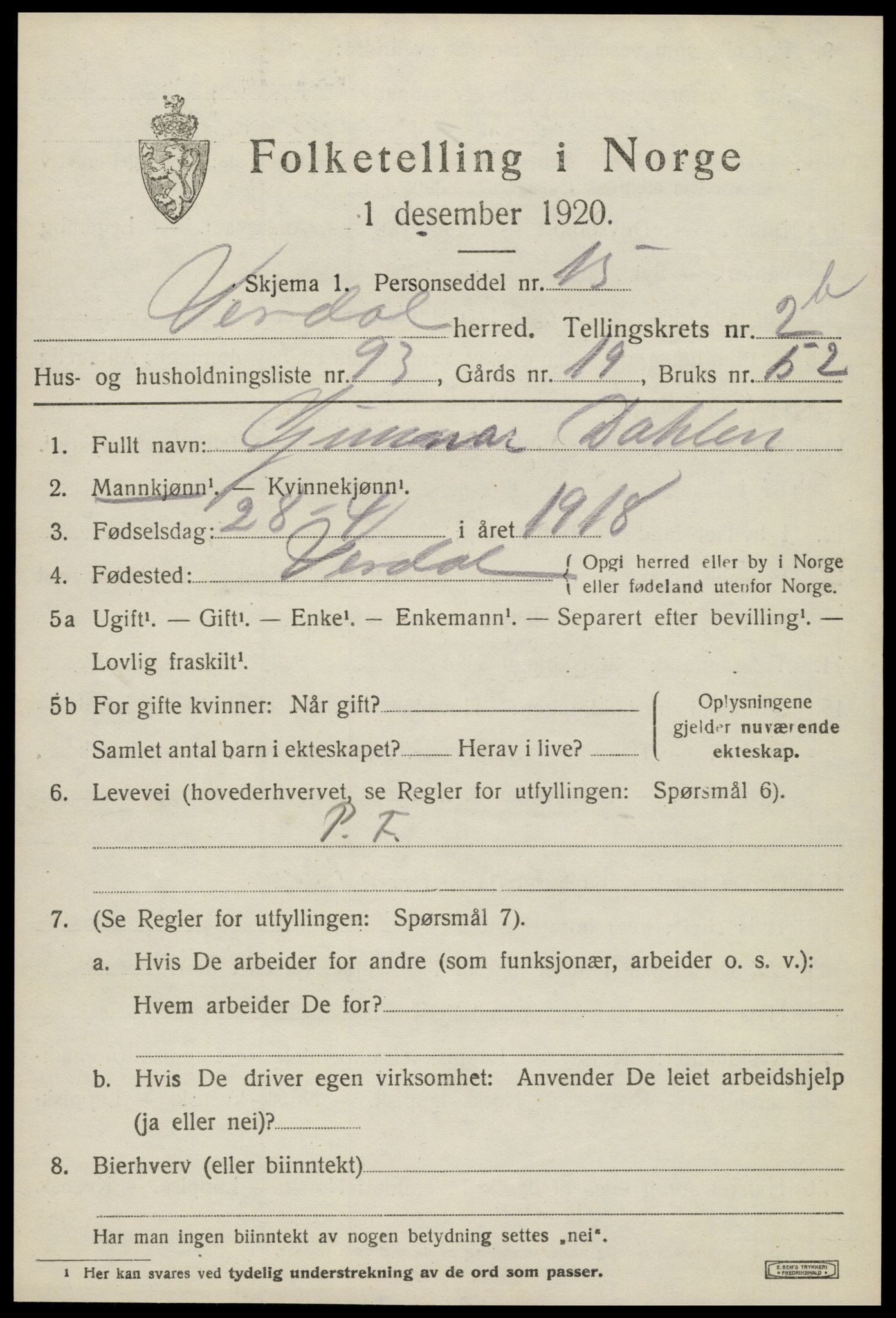 SAT, 1920 census for Verdal, 1920, p. 5243