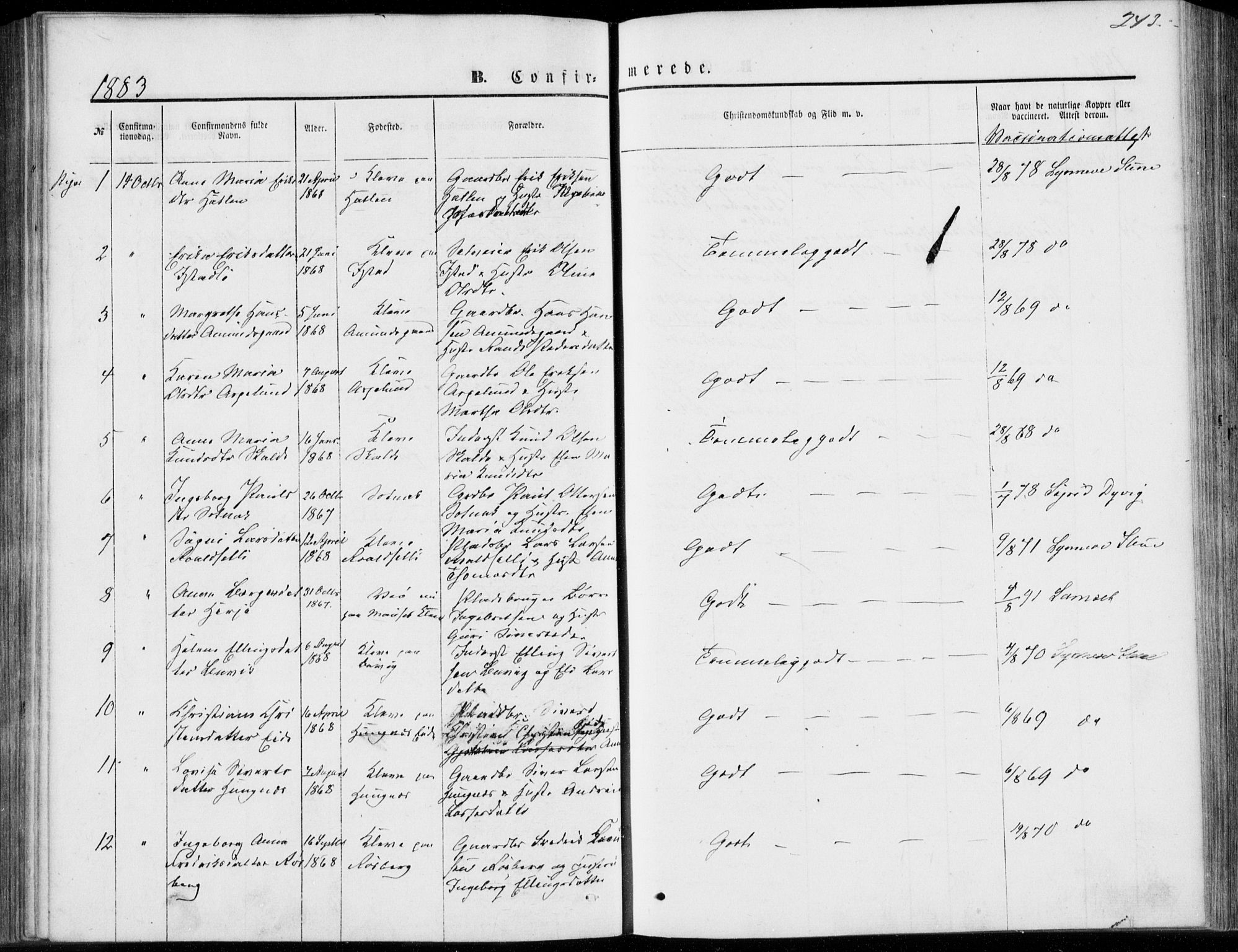 Ministerialprotokoller, klokkerbøker og fødselsregistre - Møre og Romsdal, AV/SAT-A-1454/557/L0681: Parish register (official) no. 557A03, 1869-1886, p. 243