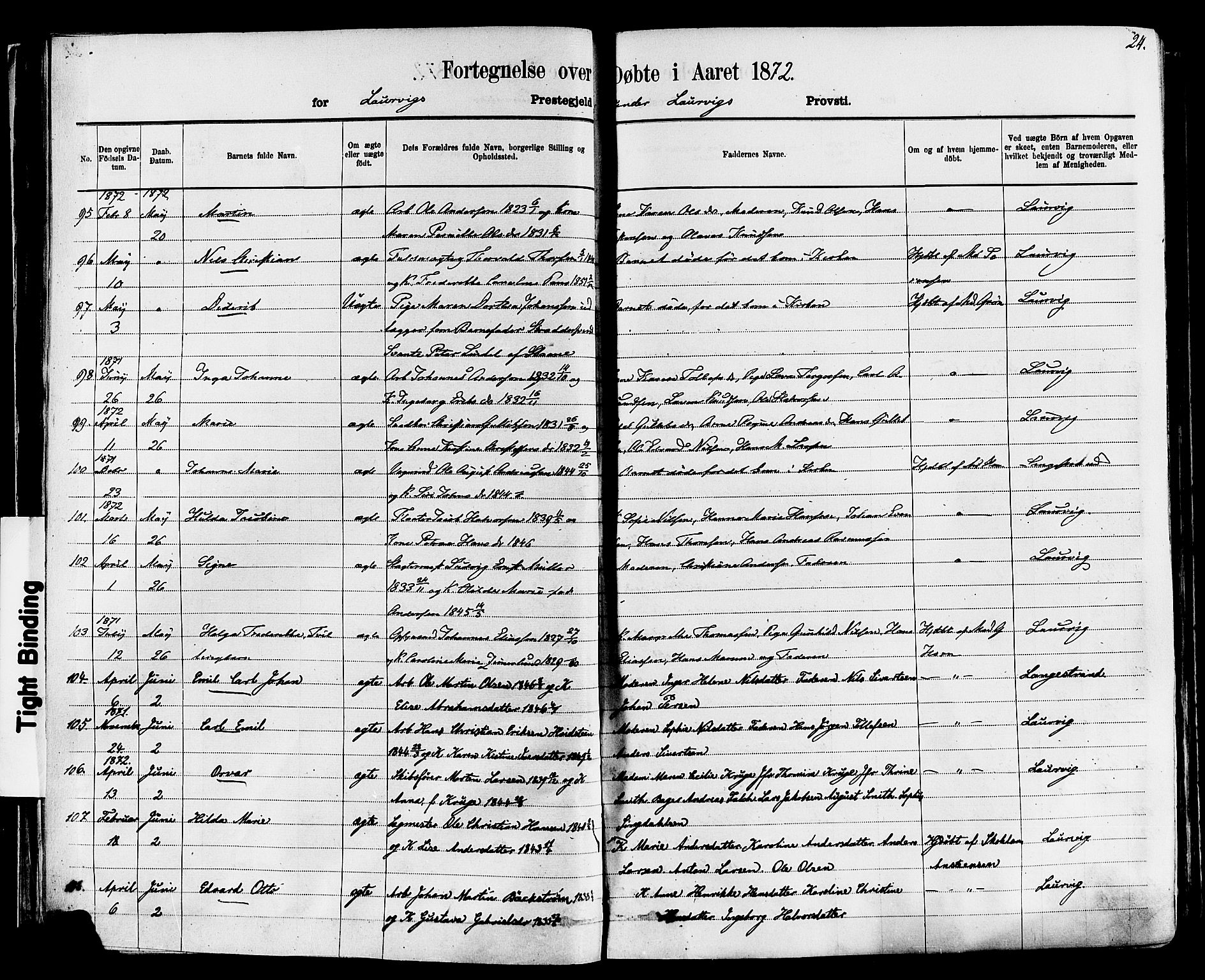 Larvik kirkebøker, AV/SAKO-A-352/F/Fa/L0006: Parish register (official) no. I 6, 1871-1883, p. 24