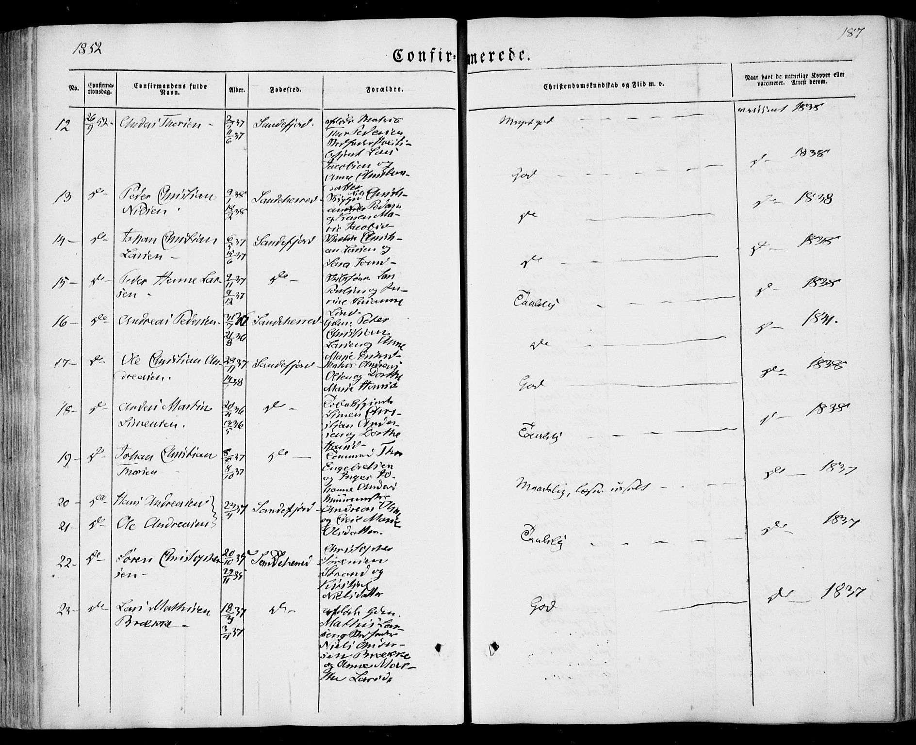 Sandar kirkebøker, SAKO/A-243/F/Fa/L0006: Parish register (official) no. 6, 1847-1860, p. 187
