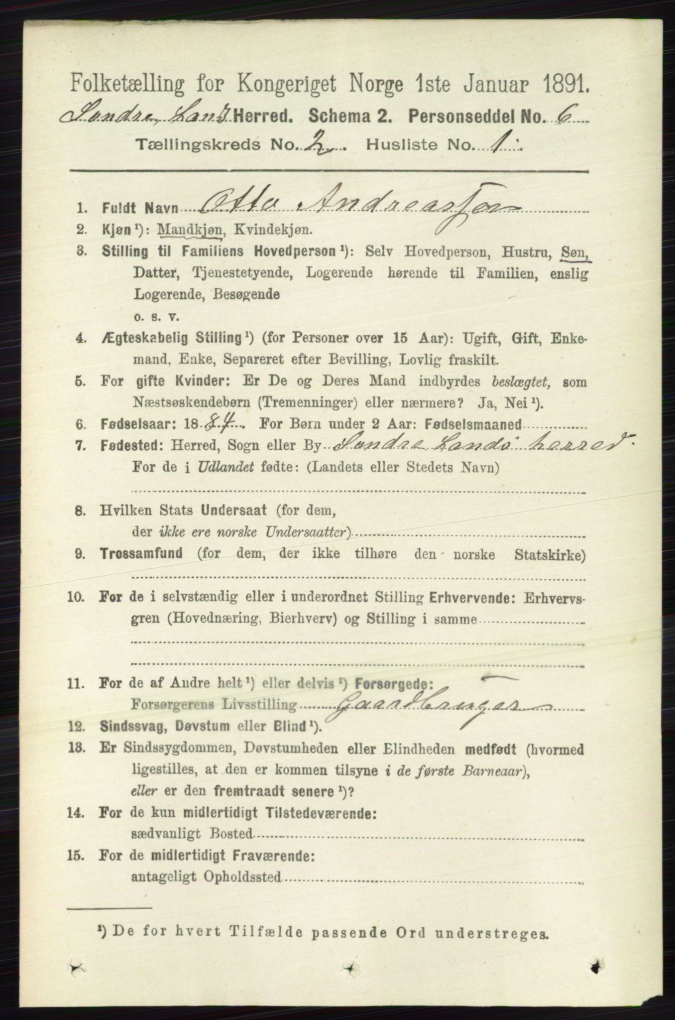 RA, 1891 census for 0536 Søndre Land, 1891, p. 1033