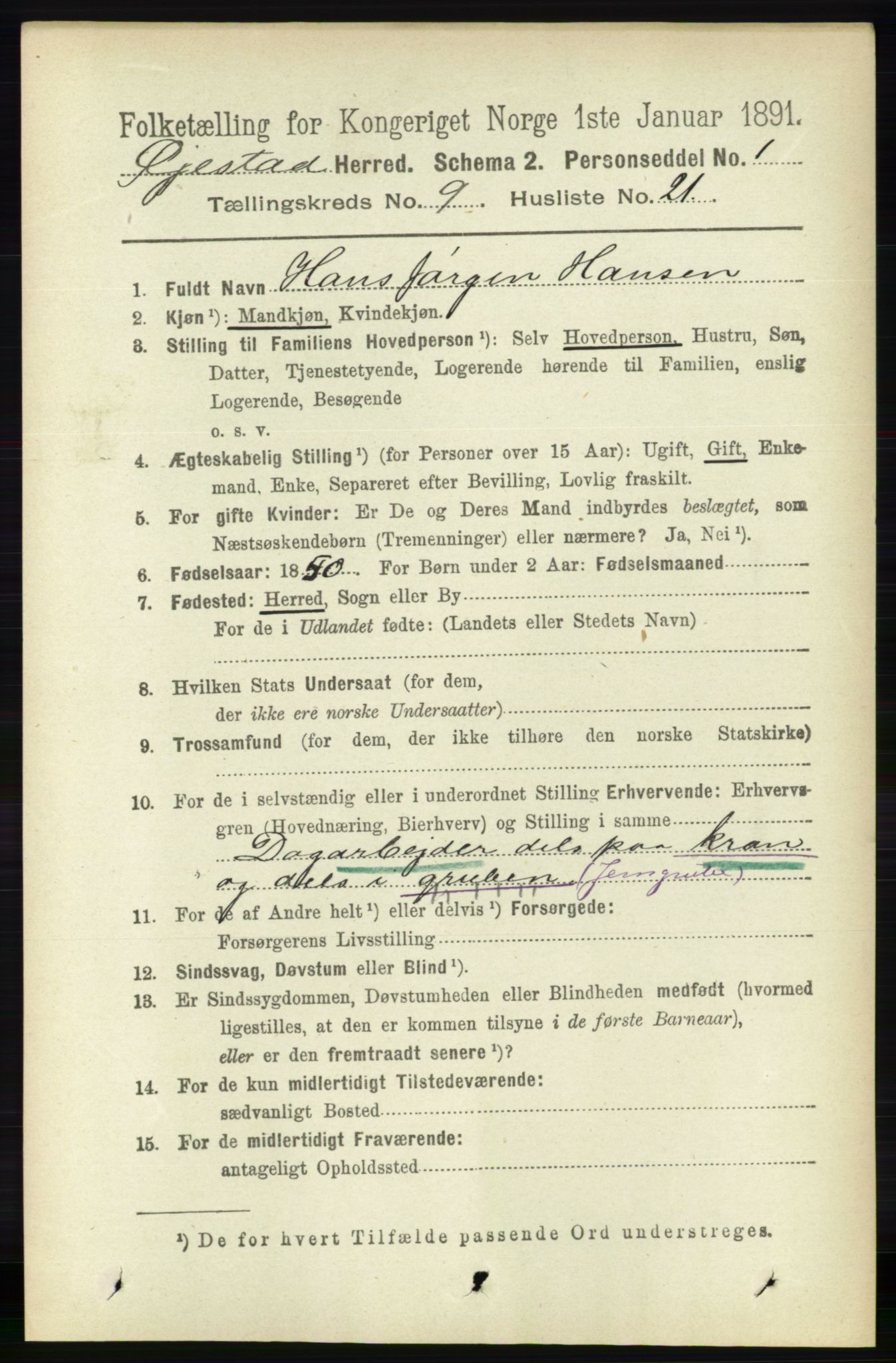 RA, 1891 census for 0920 Øyestad, 1891, p. 3663